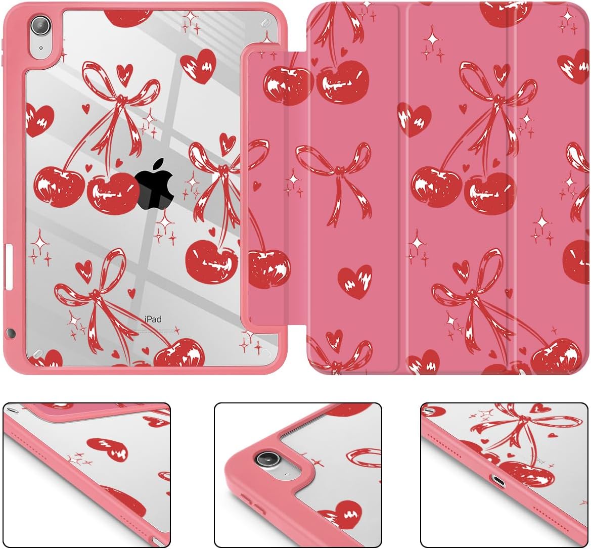 Mektron Case for 2026 iPad Air 13 inch M4 Cover Compatible 2025 iPad Air 13 inch M3 2024 iPad Air 13 inch M2 with Pencil Holder Shockproof Clear Shell, Cherries Bows C388