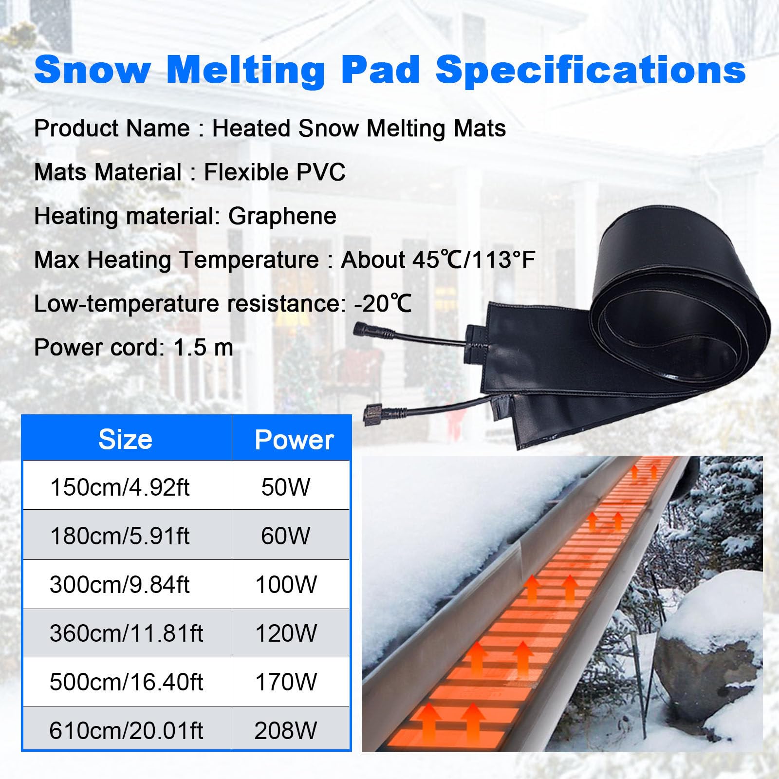 Tapis Chauffant Extérieur pour Fonte De Neige, pour Gouttières Et Descentes Pluviales, Tapis Chauffant Électrique pour Toitures d'hiver, Température Maximale De 45 °C 300cm/9.84ft