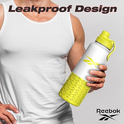 Miniatura 5 de Reebok Botella de agua de acero inoxidable para exteriores, botella de agua aislada de 40 onzas con tapa de pico y fundas de silicona, botella de