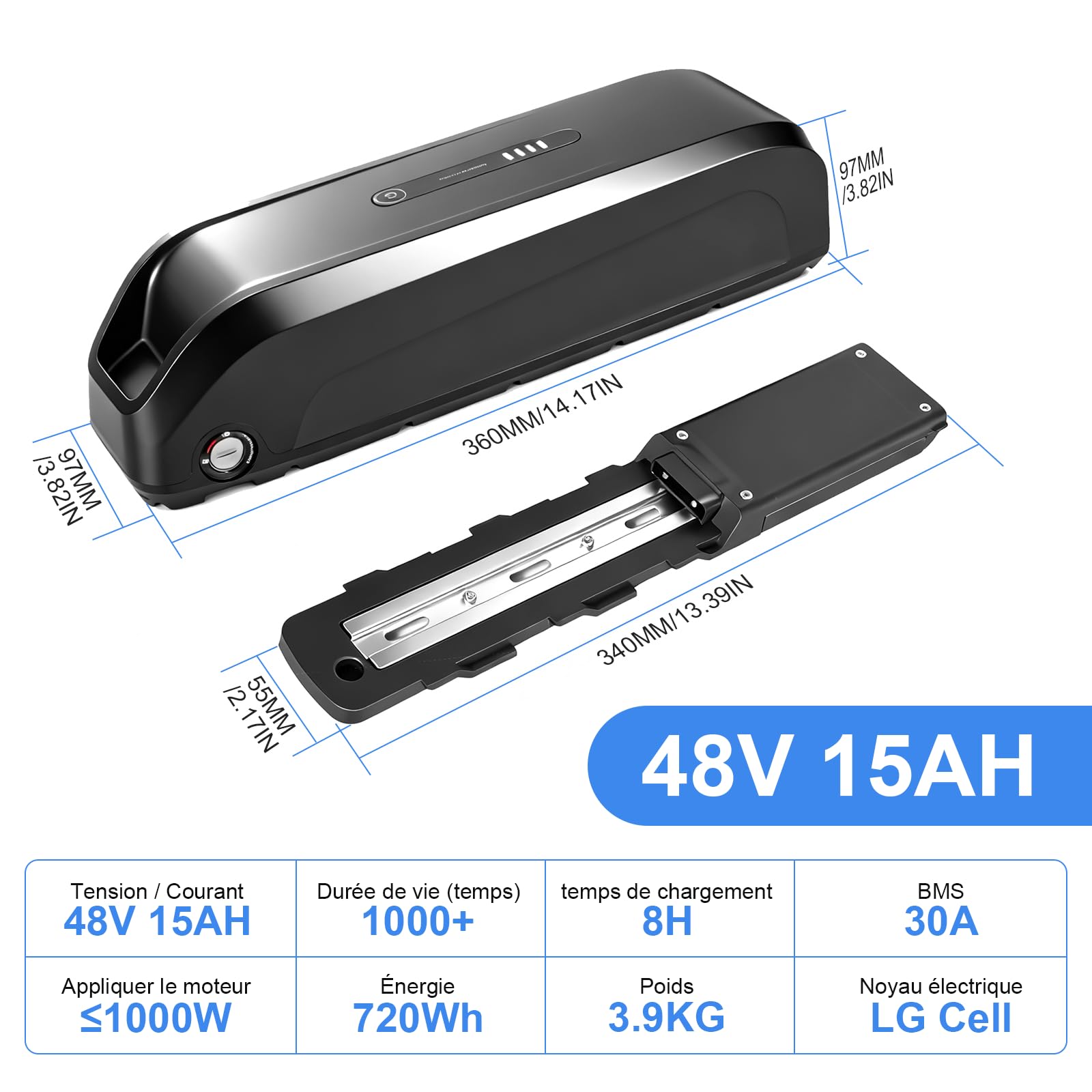 48V 15Ah Batterie Velo Electrique, Batterie vélo électrique avec BMS Intelligent 30A, Batteries 48v Lithium ION pour Roue de Conversion Bafang 250W-1000W et Autres vélos électriques