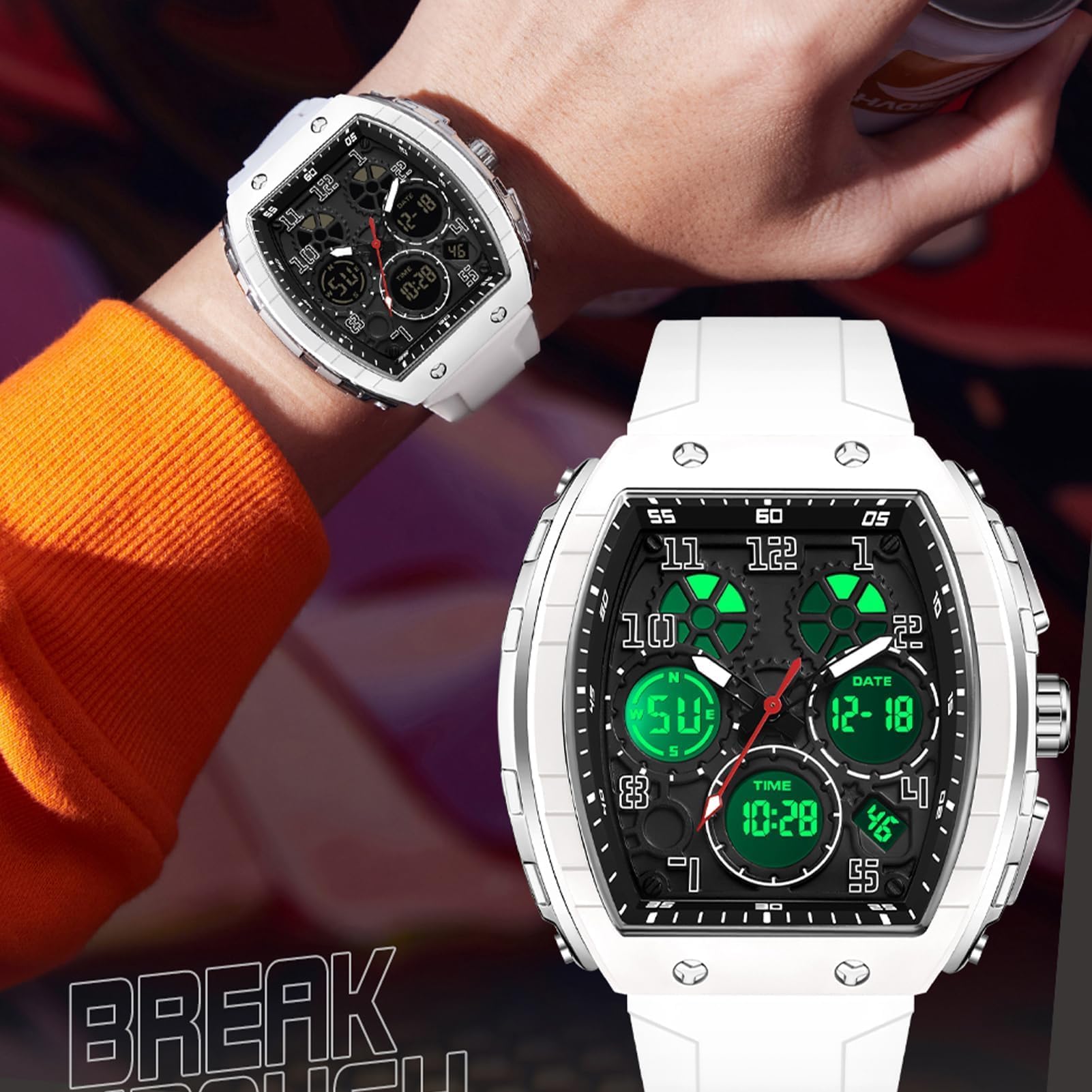 findtime Montre Militaire Homme Sport Design Unique Cadran Rectangulaire, Affichage Numérique Analogique, Double Fuseau, Chronomètre Étanche 5ATM, Style Punk