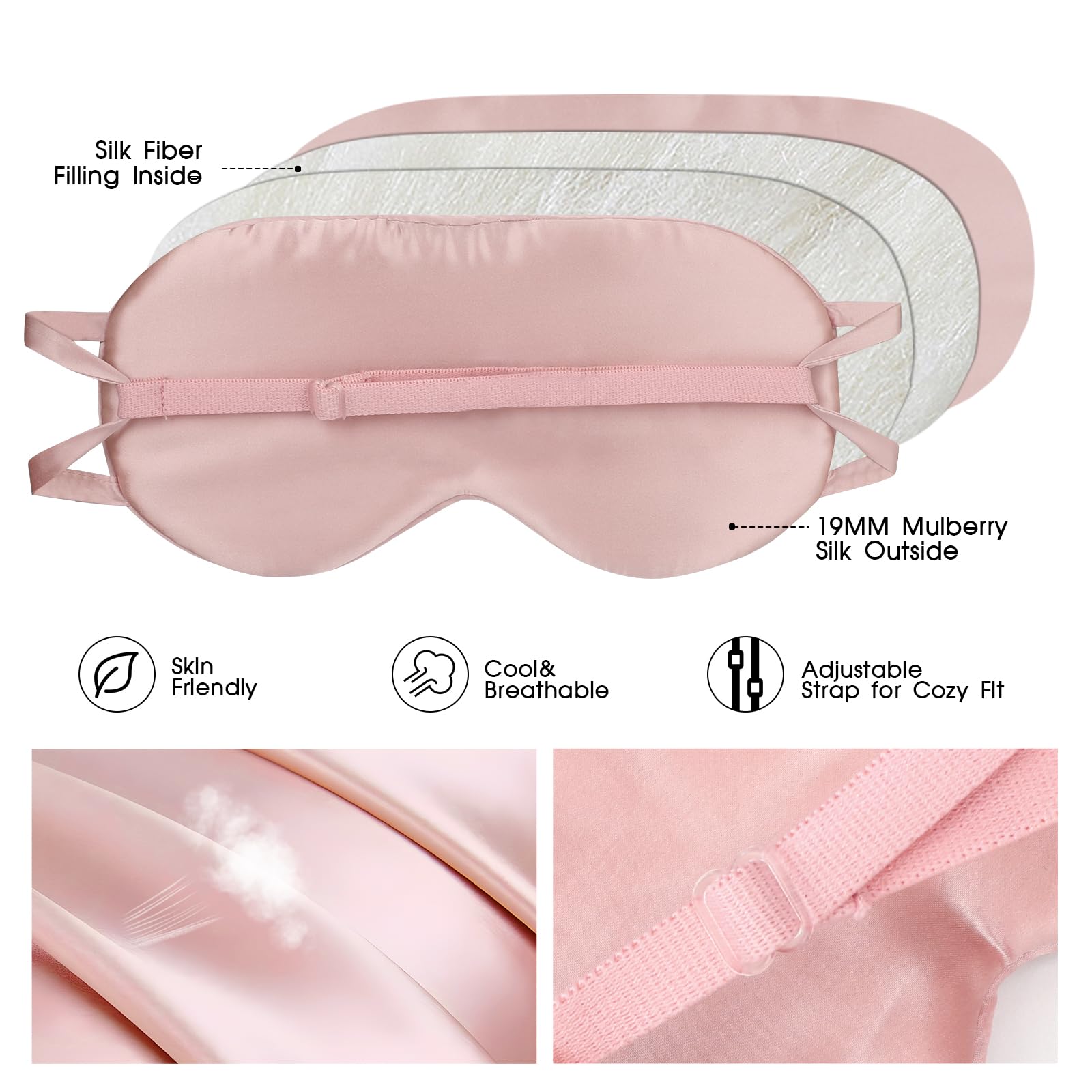 Antifaz de seda real para dormir, opaco, refrescante para mujeres/hombres/viajes/avión, rosa