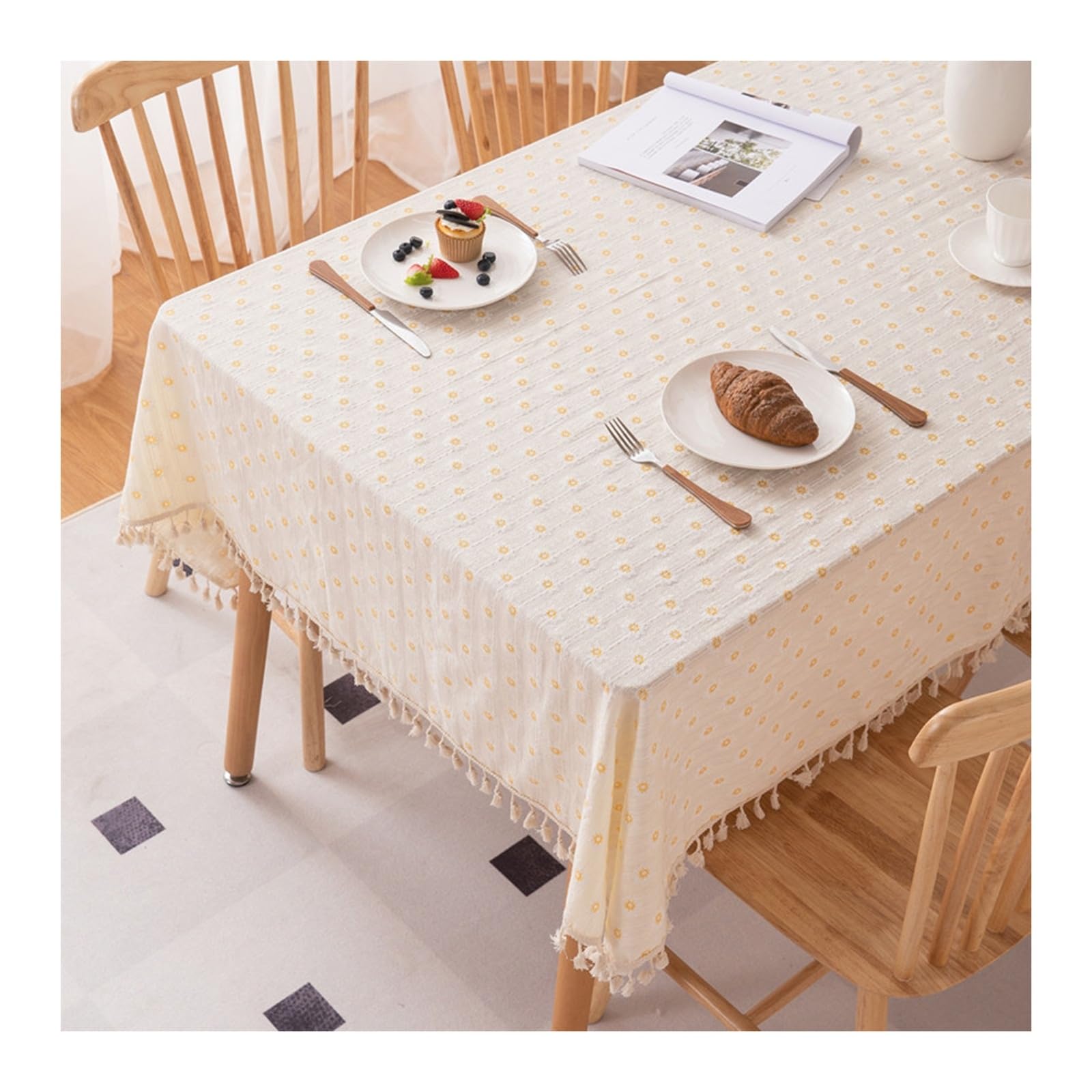 Nappe carrée coton beige jaune 90x90cm nappe de table anti tache brodée