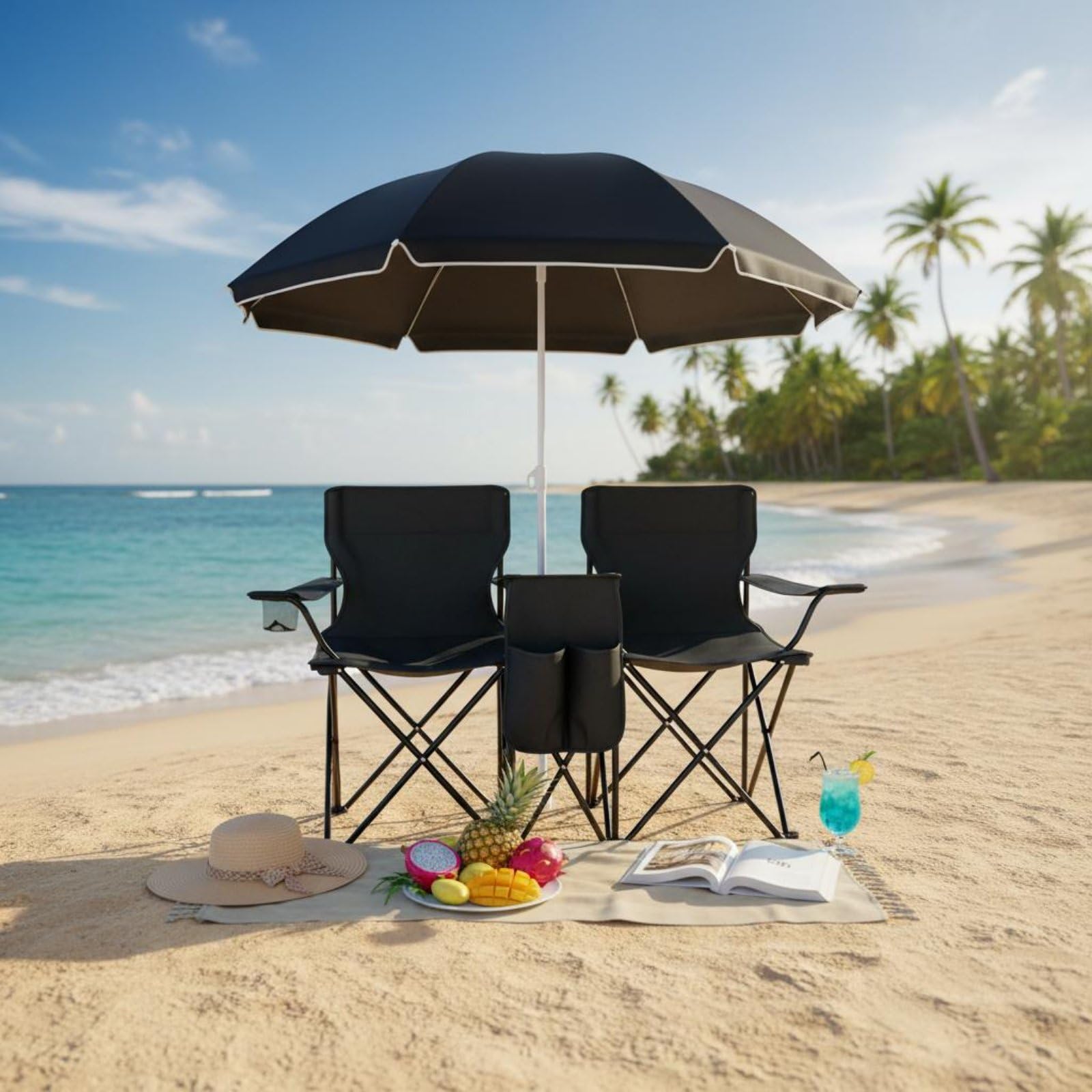 Doppelsitz Campingstuhl Klappstuhl Strandstuhl Liegesessel mit Sonnenschutz Kühlfach Halterungen Seitentaschen Starke Konstruktion Schnell Faltbar, Schwarz