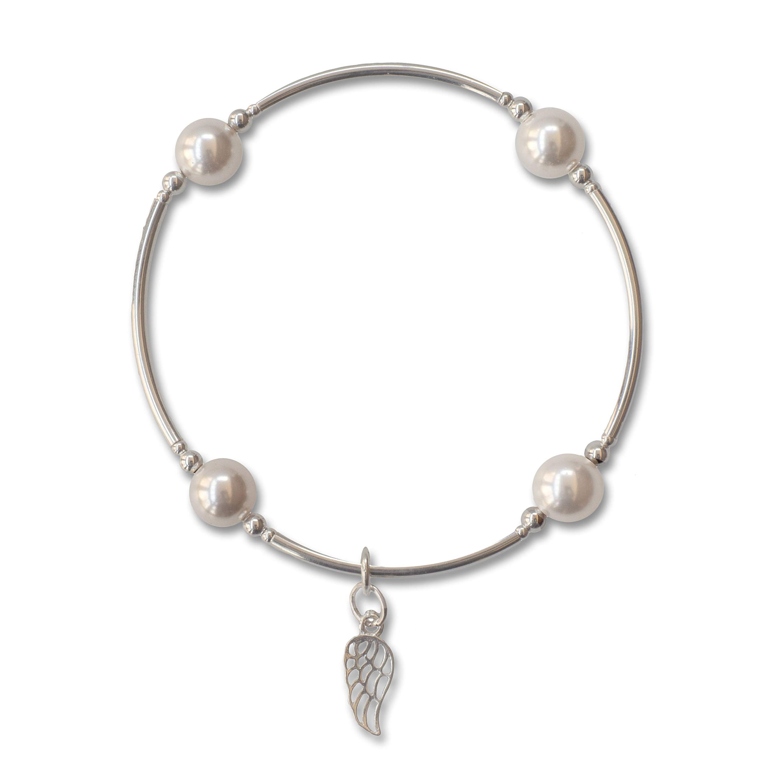 Made As IntendedSmaller Bead White Pearl Blessing Bracelet with Sterling Angel Wing Charm