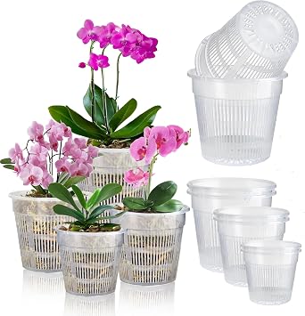 Orchid Pot, 8 Pack Orchid Pots with Holes, 2 Each of 4.3", 5.5", 6.3", 7.5" Clear Orchid Pots for Repotting, Breathable Slotted Orchids Planter