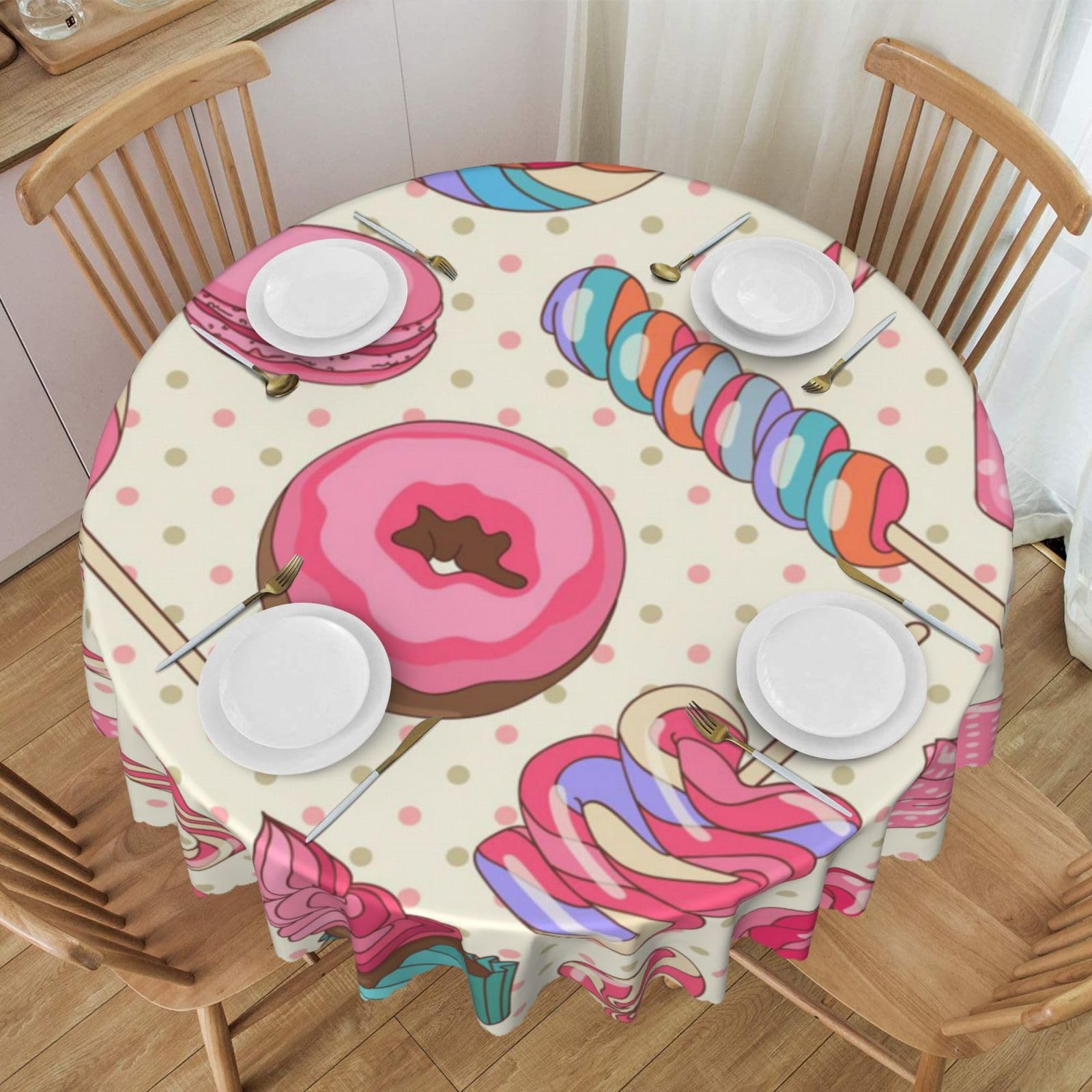 DCEHGEW 60 In Round Tablecloth with Lace, Colorful Sweet Lollipop Cupcake Donut Printed Oilproof & Washable Fabric Picnic Table Cloth Table Covers