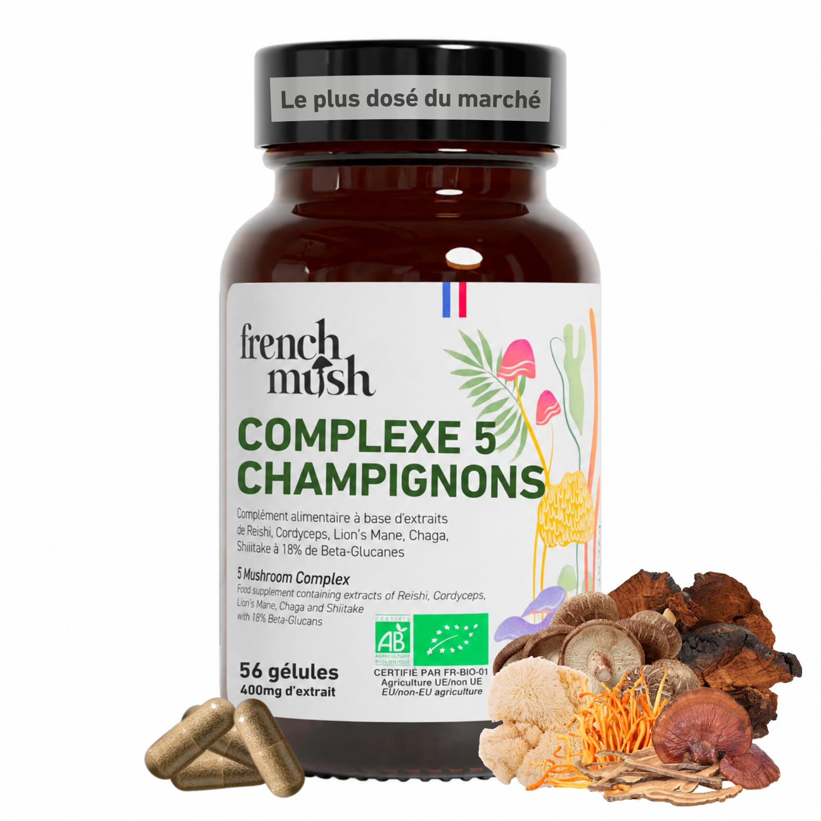 French Mush - Complexe 5 Champignons Bio - 56 Gélules - Shiitake, Lion's Mane, Reishi, Cordyceps, Chaga - Digestion, Bien-Être Intérieur - 2 Gélules/Jour - Testé en Laboratoire - Fabriqué en France