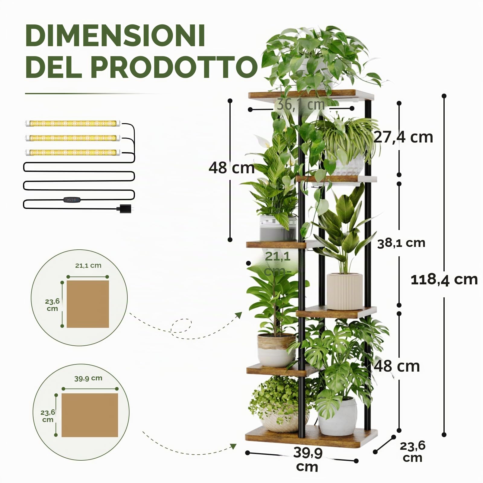 Bamworld Mensola per piante con luce crescente per piante da interno, angolo a 6 livelli, supporto per piante in metallo, supporto per fiori in legno per casa, soggiorno, decorazione patio
