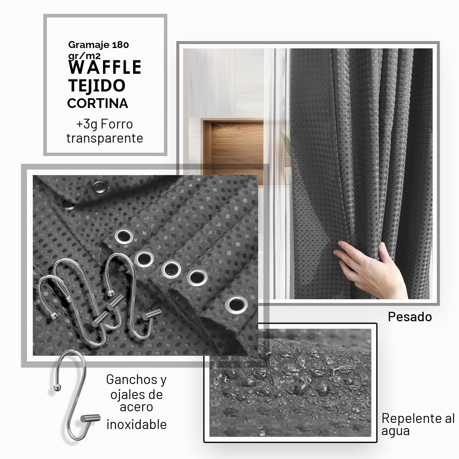 Clara Clark Juego de Accesorios de baño, Juego de baño Gris, Juego de Accesorios de baño de 20 Piezas, Juego de Cortina de Ducha, Cepillo de Inodoro, Bote de Basura y dispensador de jabón