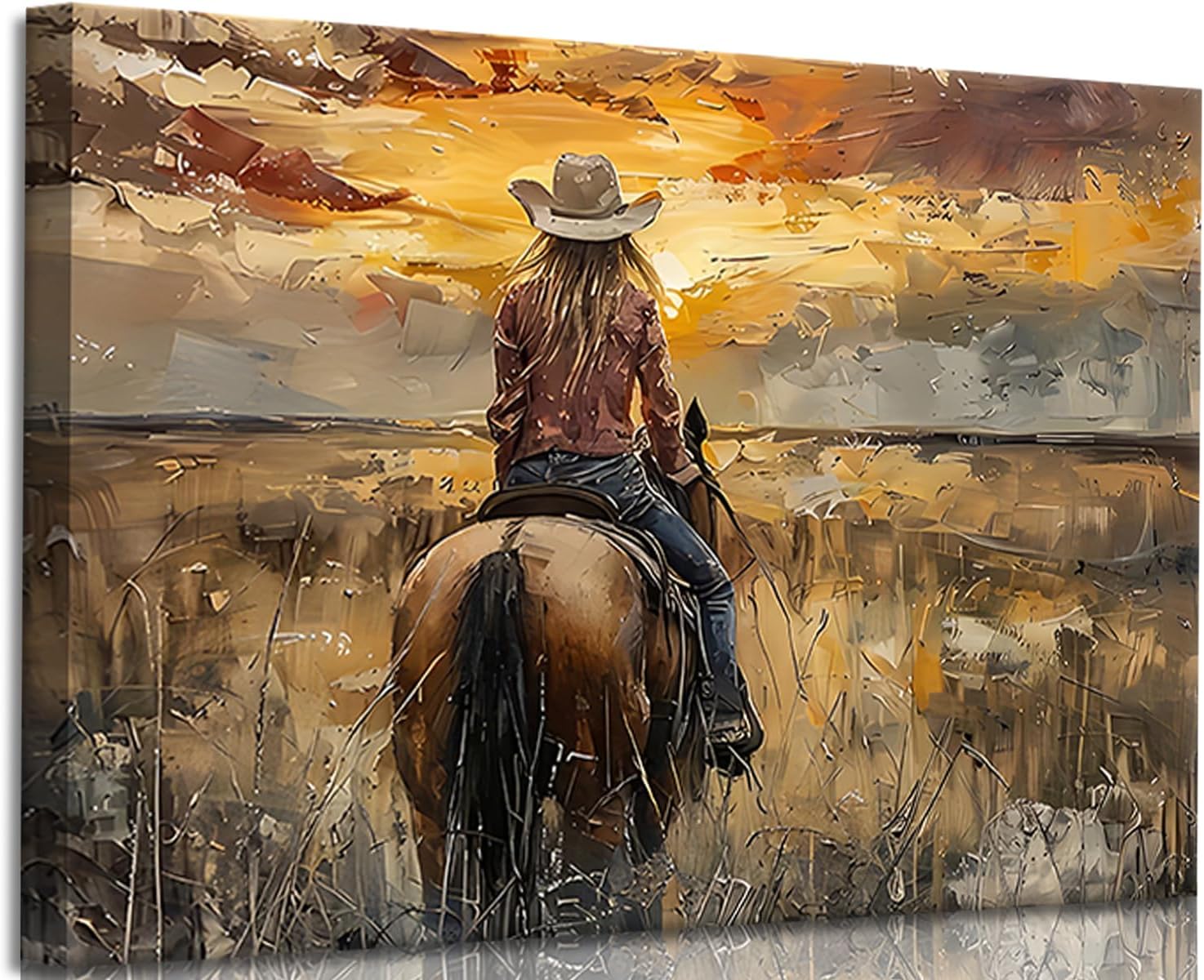 OCRXLYTH Western Cowgirl Riding Horse Canvas Wall Art Cowgirl Wall Decor Pictures Sunset Countryside Landscape Painting Print Vintage Artwork for Living room bedroom country decoration 16x24 Canvas 24L"x16W"