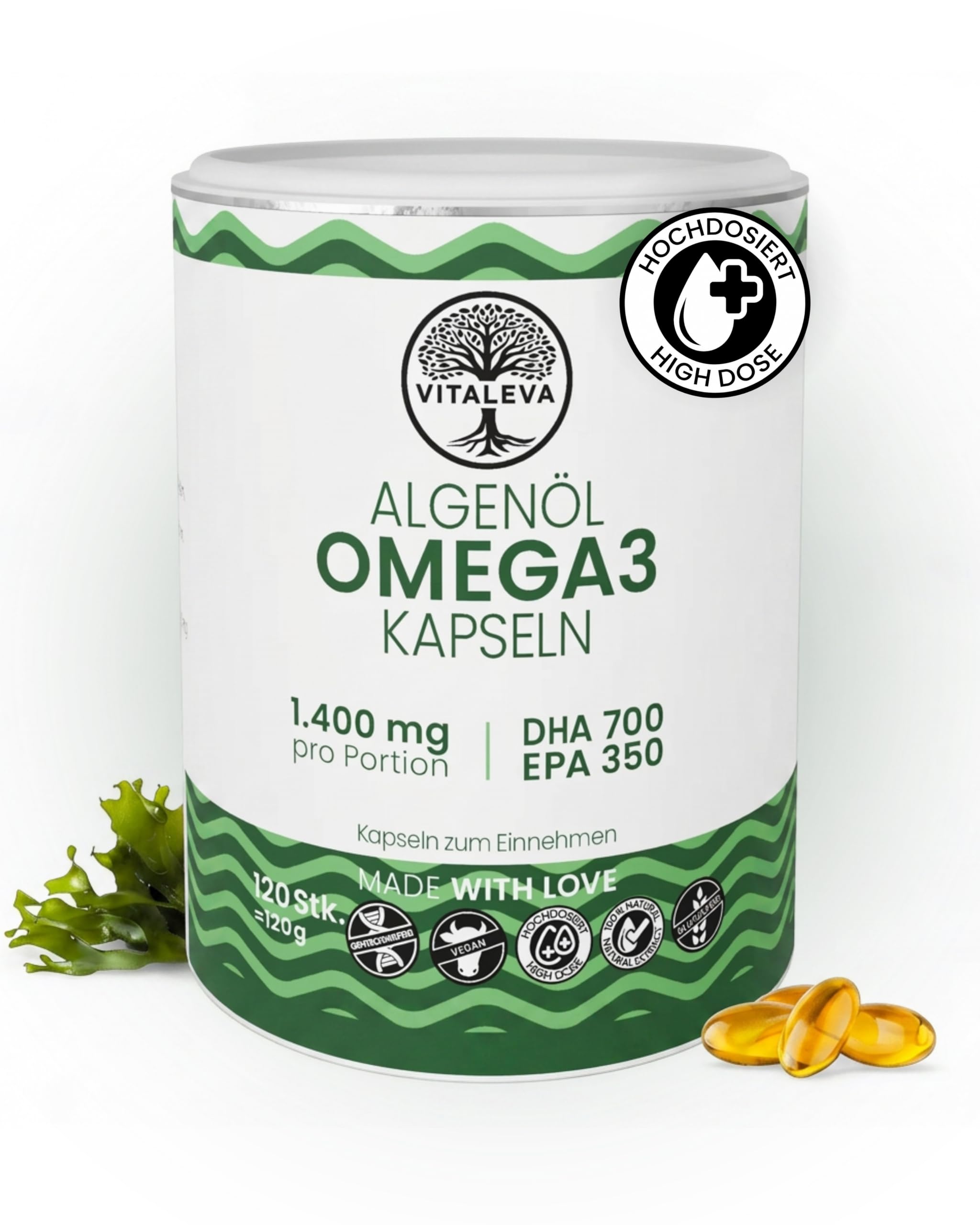 Omega 3 Kapseln aus Algenöl I 120 Kapseln I Hochdosiert mit 1.400 mg pro Portion I Veganes Omega 3 I Reich an DHA & EPA Fettsäuren I Natürliche Nahrungsergänzung für 120 Tage