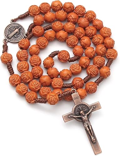 Miniatura 2 de KOMI Rosarios católicos de madera hechos a mano, collar de cuentas de rosario de madera de Belén, oración cristiana, medalla de tierra santa y cruz