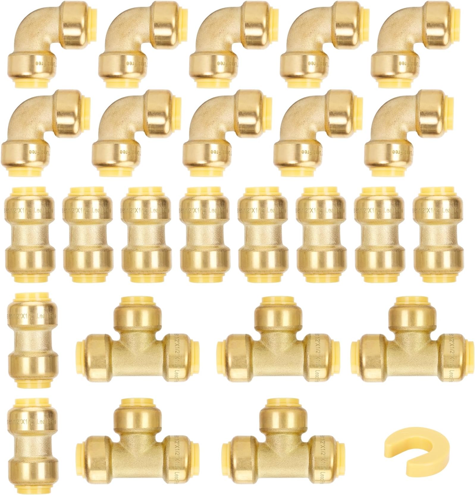 1/2" Push to Connect Fittings,PEX Pipe Fitting 1/2 Inch Set,With Coupling(10 PCS),90 Degree Elbow(10 PCS),Tee(5 PCS),Disconnect Clip(1 PCS),Push to Connect for Quick Connection to PEX Tube