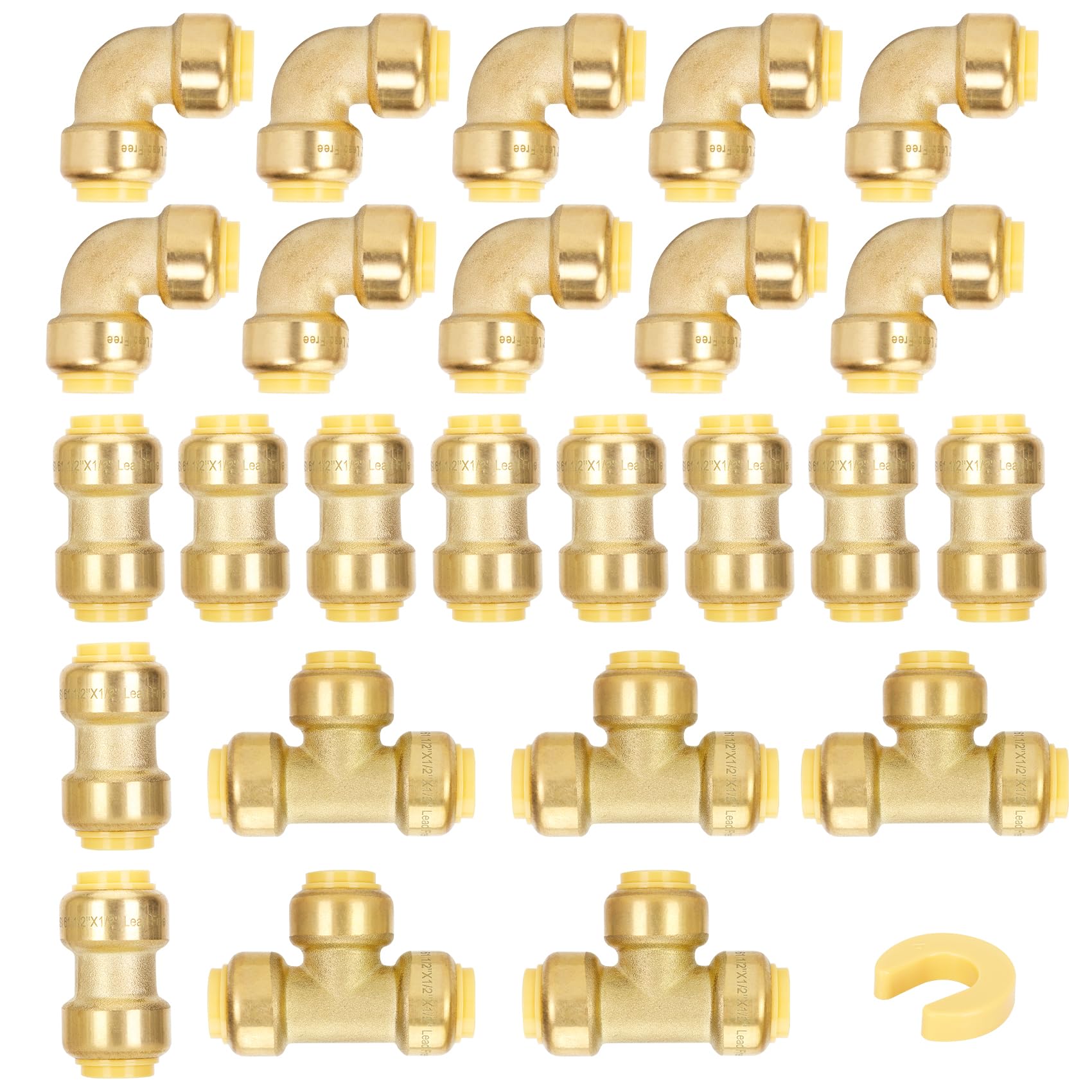 1/2 Inch Plumbing Fitings,Push Pex Fitings,With Coupling Fitting(10 PCS),90 Degree Elbow Fitting(10 PCS),Tee Fitting(5 PCS),Disconnect Clip(1 PCS),Suitable for Copper Pipes,CPVC,PEX Pipes