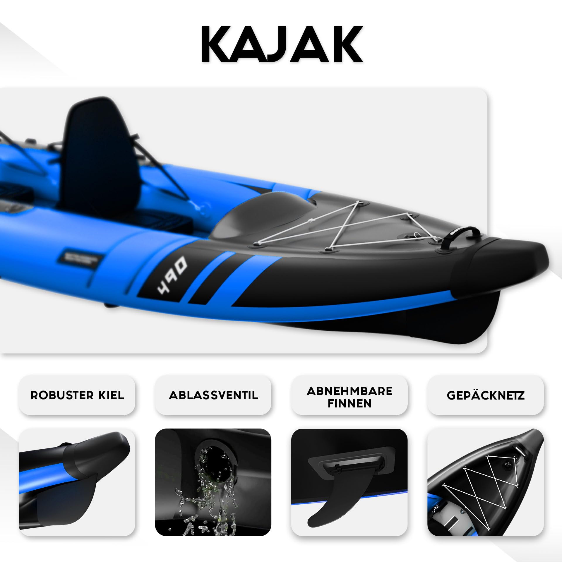 SKINHAWK Prestige Blue Kayak Set 490 – Barco inflable – Canoa – 490 x 96 cm – Kayak para 3 personas