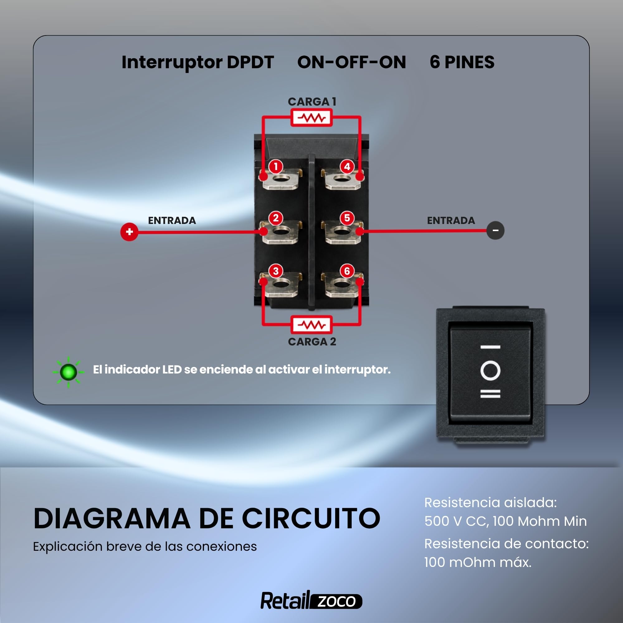 Interruptor Basculante DPDT ON/OFF/ON 6 pin, 1 Unidad - imagen 3