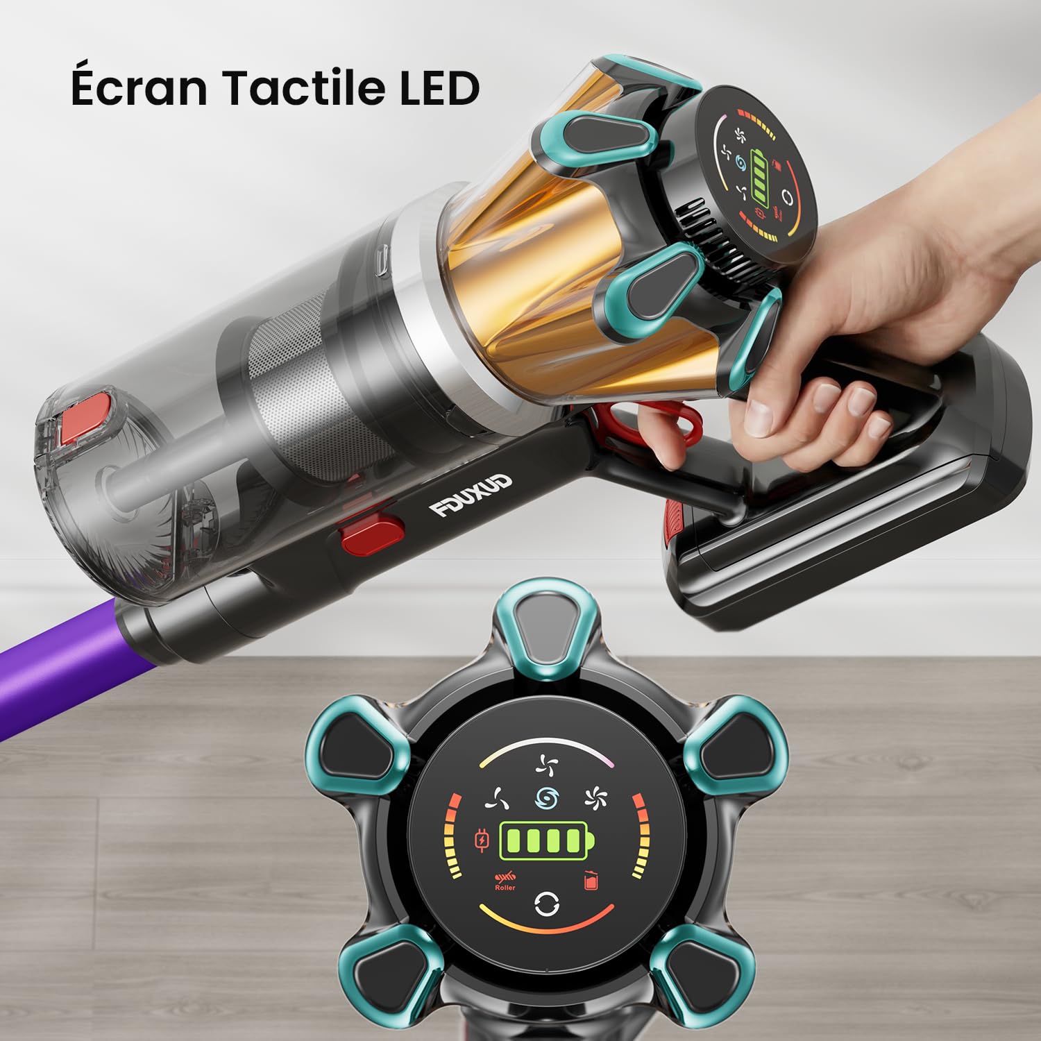 Aspirateur Balai sans Fil 55KPa 650W 70 Min, 1,8L Aspirateur sans Fil Puissant, Autoportant, Écran LED, Brosse Anti-Enchevêtrement, Pastille Parfumée, Poils d’Animaux Sols Durs Tapis Voiture