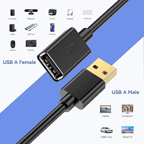 Miniatura 4 de Cable extensor USB de 1 pie (paquete de 10), cable de extensión USB 2.0, USB A macho a hembra, compatible con unidad flash USB, disco duro, lector