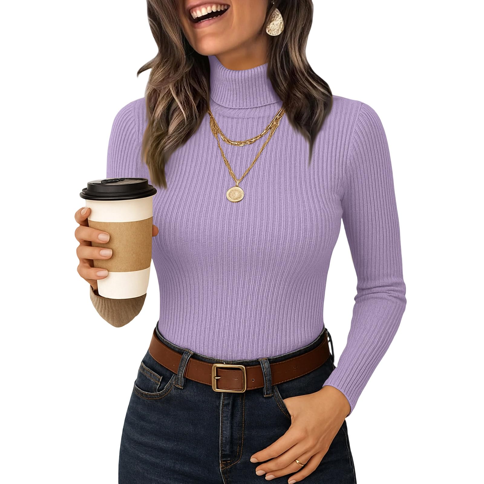 Womens Turtleneck Sweater Long Sleeve Shirts Spring Fall Trendy Tops Slim Fitted Ribbed Knit Basic Casual Sweater