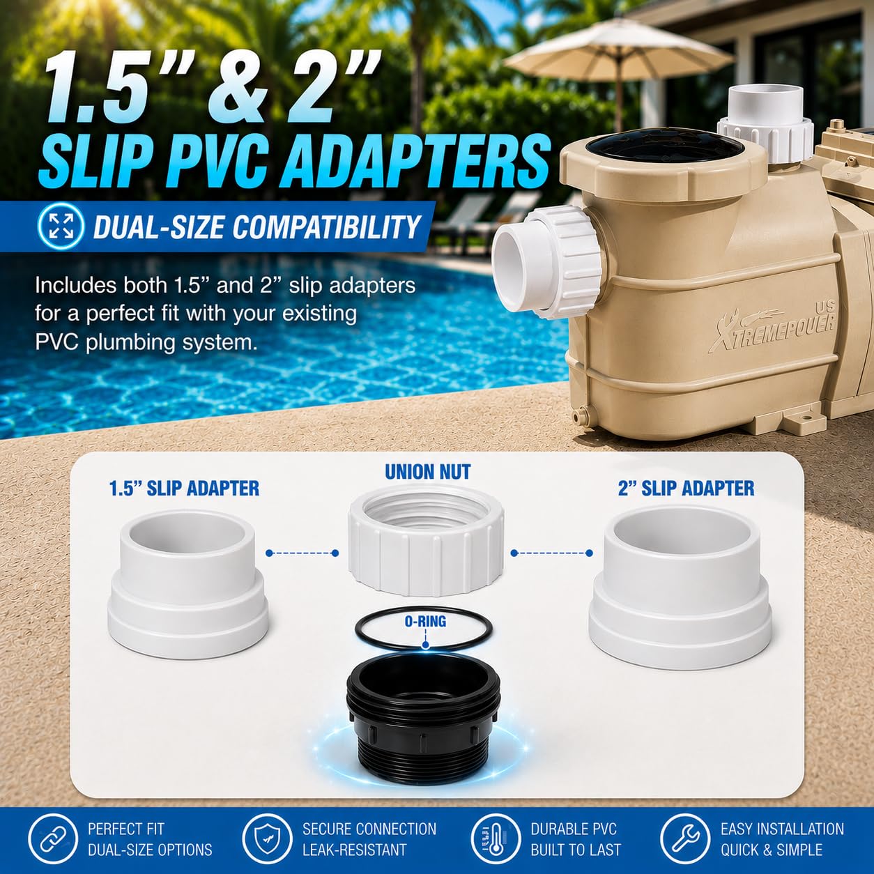 XtremepowerUS Juego de 2 piezas de repuesto universales NPT de 5 cm x 1.5/5.1 cm de unión deslizante para piscina, spa, adaptador de montaje de bomba
