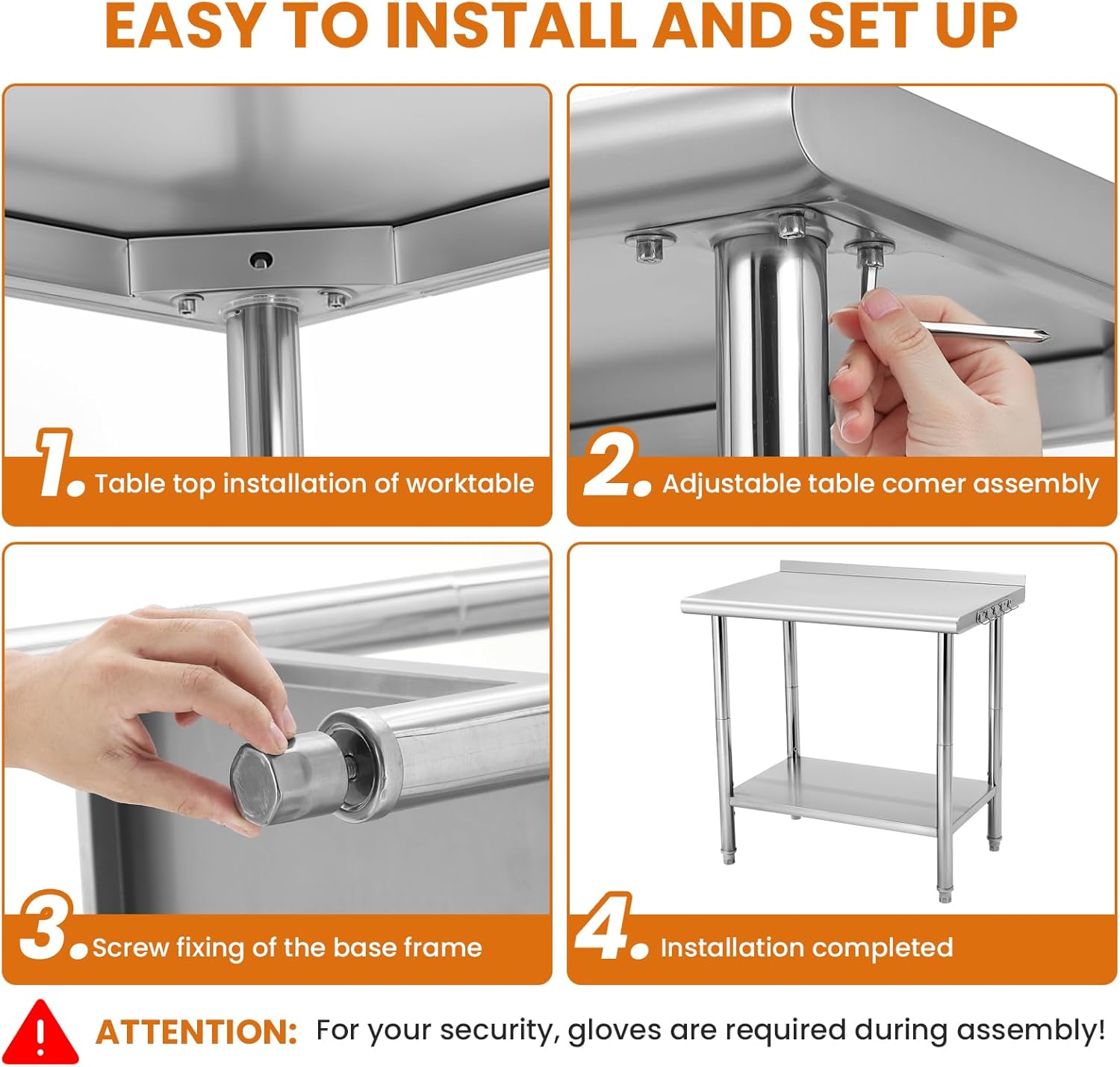 30"x24" Stainless Steel Work Table, Adjustable Height for Outdoor, Restaurants, Hotels, Workshops, Kitchens, Garages and Gardens