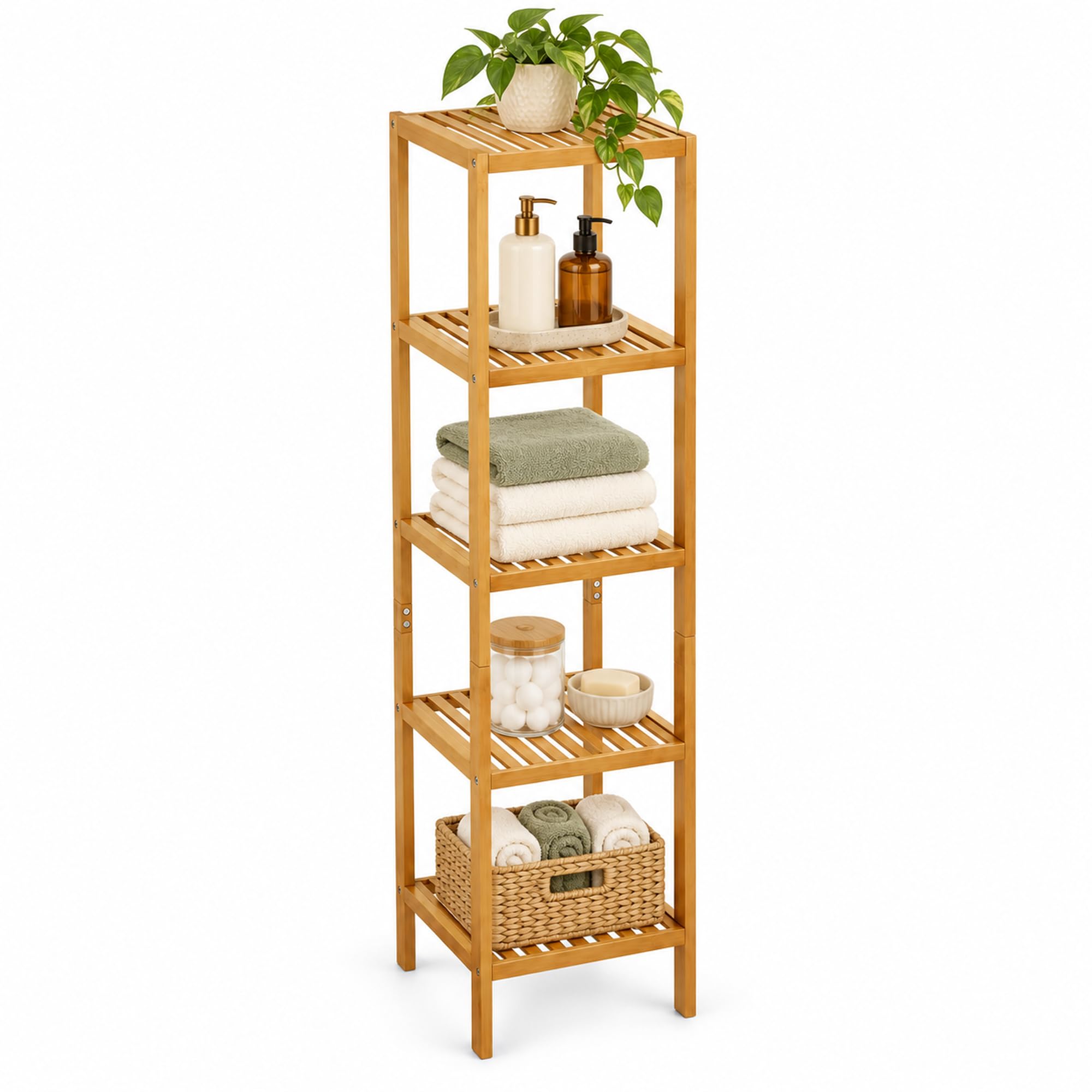 GarveeTech 5 Tier Narrow Shelf Freestanding Slatted Wooden Storage Rack