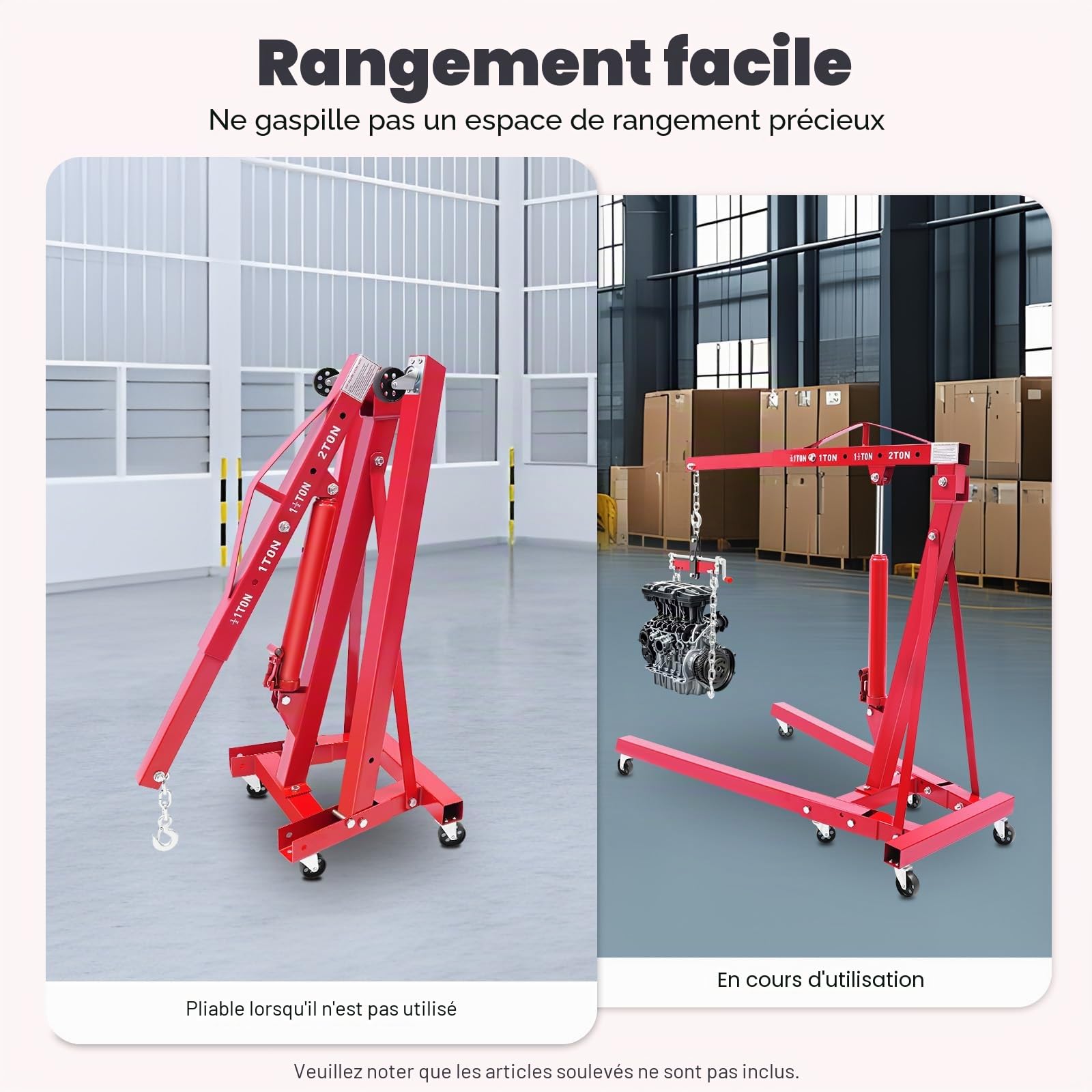Cric de levage 2T - Hauteur de levage de 148 cm - 4 niveaux - En acier au carbone - Rouge - Pliable - Grue hydraulique d'atelier - Grue de levage avec équilibrage de moteur - 6 roues - Pour