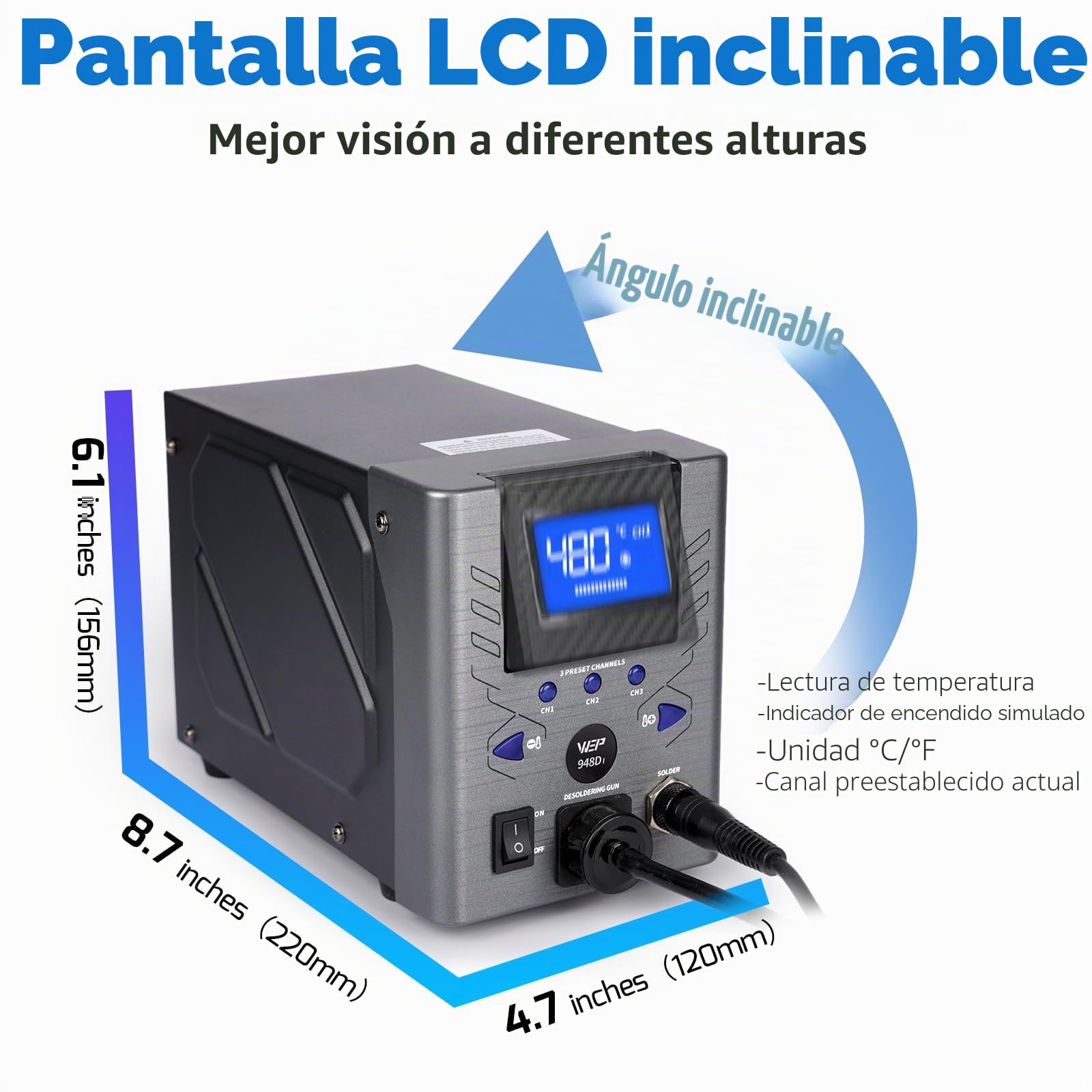 WEP 948D-I 110W Estacion de desoldadura de alta potencia con 4 boquillas de desoldado, control de temperatura con 3 canales preconfigurados, pantalla inclinable, a prueba de ESD(EU)