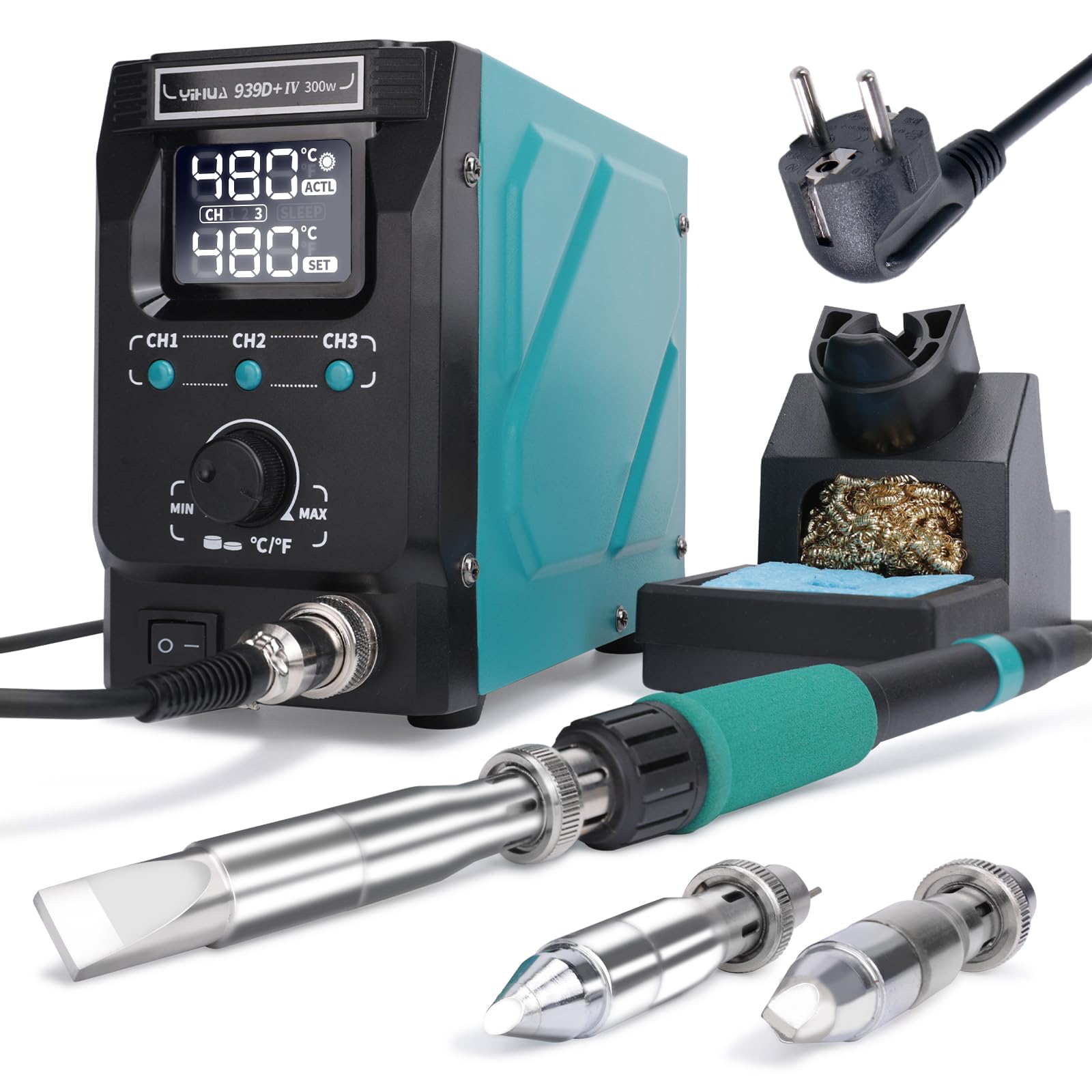 YIHUA 939D+ IV 300W Saldatore a Stagno Pesante Per Vetro Colorato,Stazione Saldante Regolabile Alla Temperatura Con Saldatore Rimovibile,3 Punte Di Saldatura,3 Canali Pre-impostati,ESD-sicuro(EU Plug)