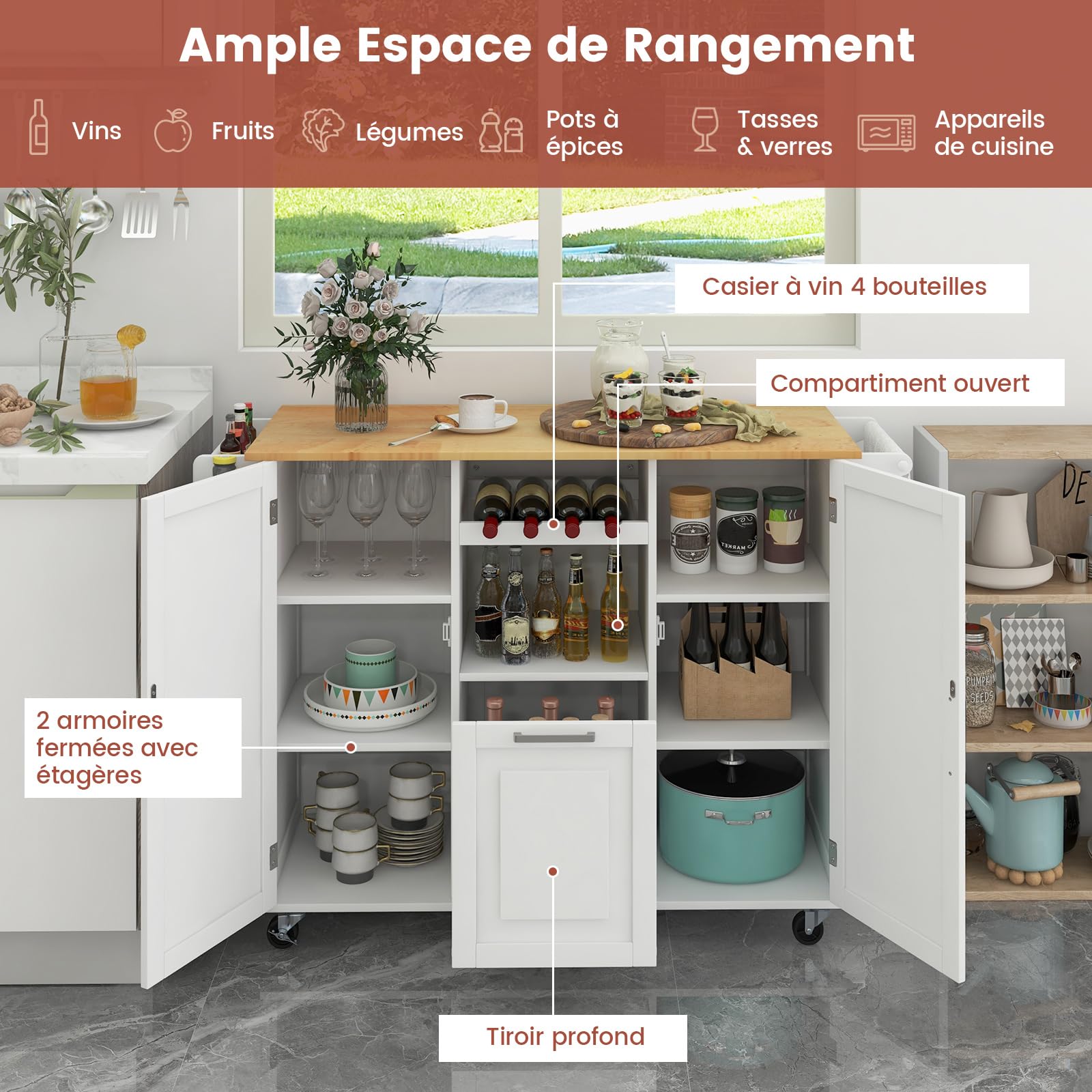 COSTWAY Desserte de Cuisine sur roulettes, Ilot Central Cuisine avec Plan de Travail Extensible Rabattable en Bois d'hévéa, Chariot de Service avec Tiroir, Porte-Bouteilles, Porte-Serviettes (Blanc)