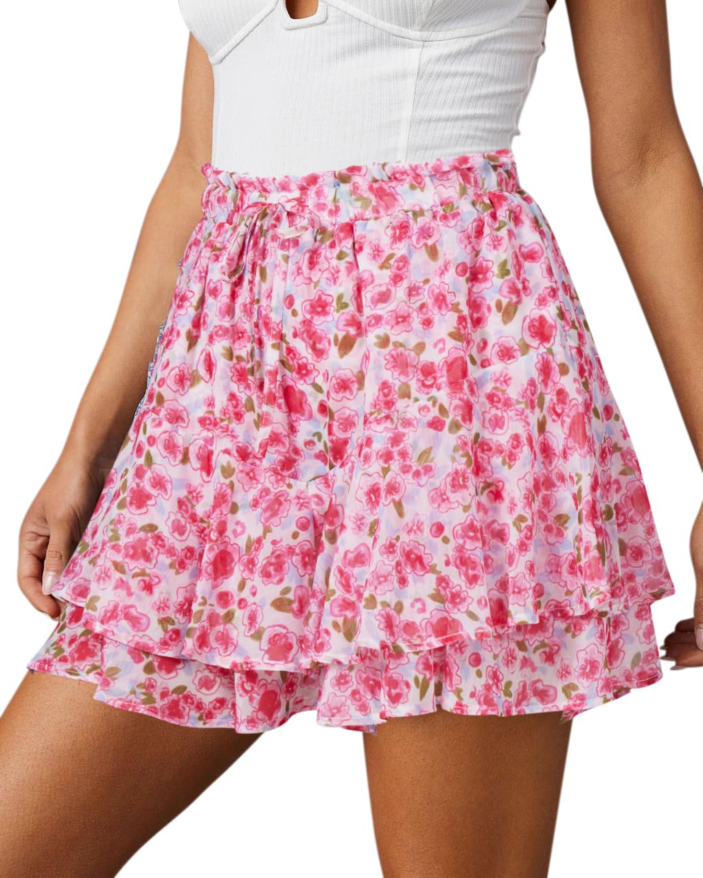 Aoudery Flowy Shorts for Women Casual Boho Floral Skorts Ruffle Mini Skirts Running Tennis Butterfly Chiffon Shorts