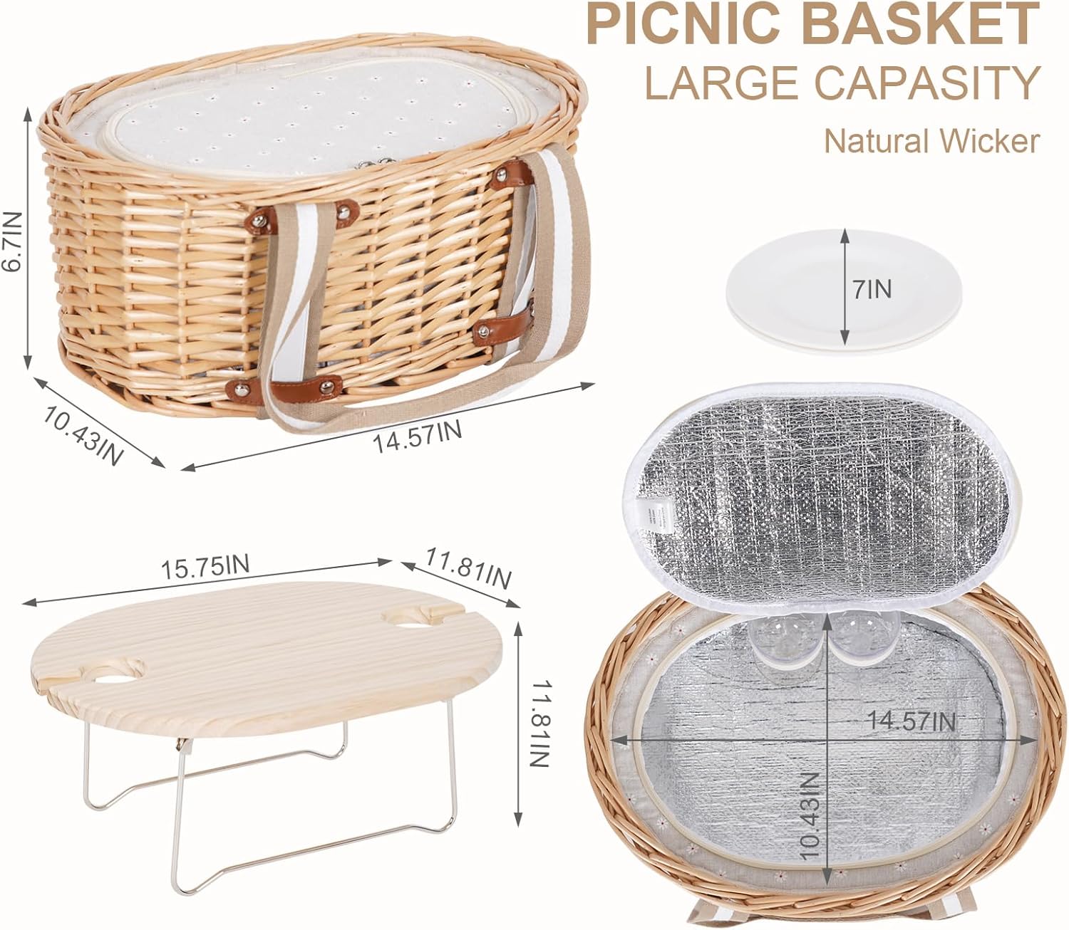 Picnic Basket Set for 2 - Wicker Insulated Picnic Basket with Waterproof Blanket, Folding Wine Picnic Table & Cutlery Kits, Picnic Baskets Kit for Camping, Outdoor, Valentine (White Flower)