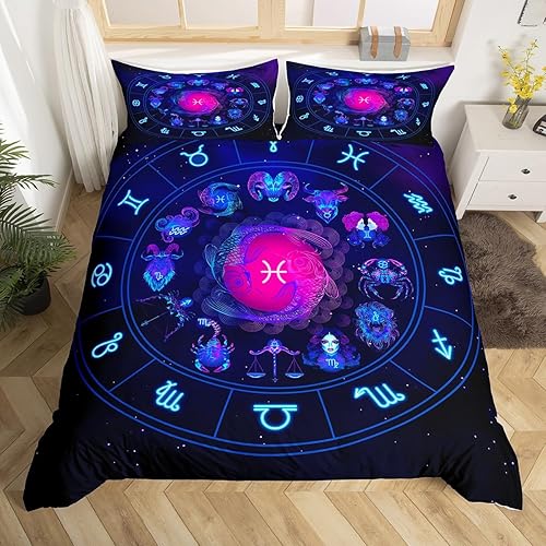 Piscis - Juego de funda de edredón tamaño Queen con patrón de constelación 3D, funda de edredón de galaxia morada para niños, jóvenes, niñas, Multi
