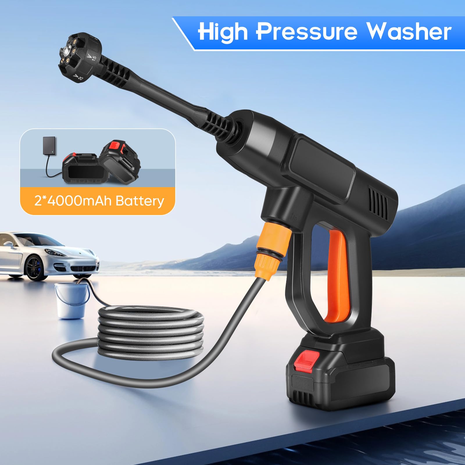 Rondella ad alta pressione a batteria, pistola portatile ad acqua 6 in 1 con ugello regolabile, tubo 5 m, 2 idrojet 4000 mAh per la pulizia di auto, pavimenti, prati