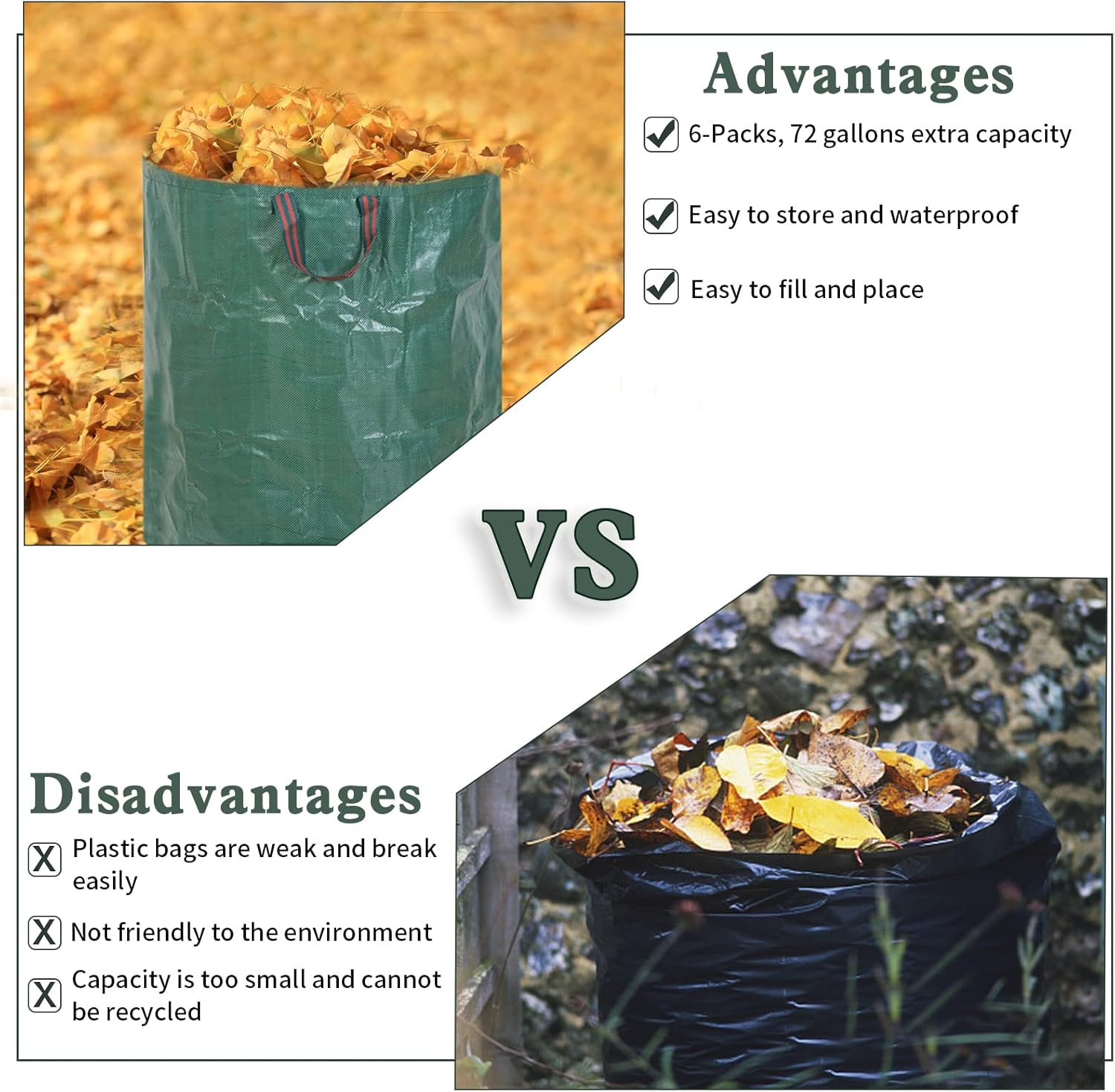 JERIA 6-Pack 72 Gallons Reusable Garden Waste Bags with 4 Handles,Lawn Pool Garden Heavy Duty Waste Bag for Loading Leaf,Trash,Yard Waste Bags (H30" X D26") : Patio, Lawn & Garden