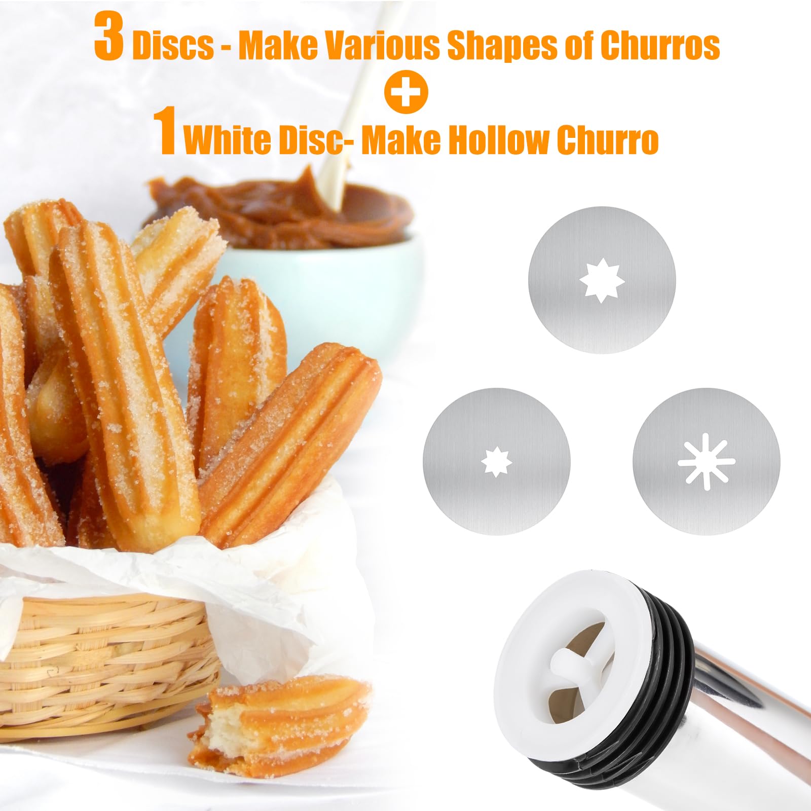 Kit para hacer churros, máquina de churro hueca de acero inoxidable, pistola para hacer churros con bolsa de tuberías y 2 cepillos de limpieza, 4 boquillas para varias formas, máquina para hacer