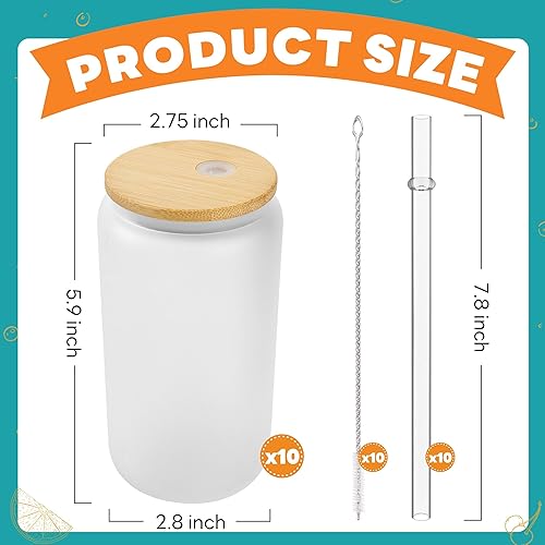 Miniatura 3 de Paquete de 10 vasos de sublimación en blanco con tapas y pajitas de bambú, vasos de vidrio esmerilado de 16 onzas con películas retráctiles para