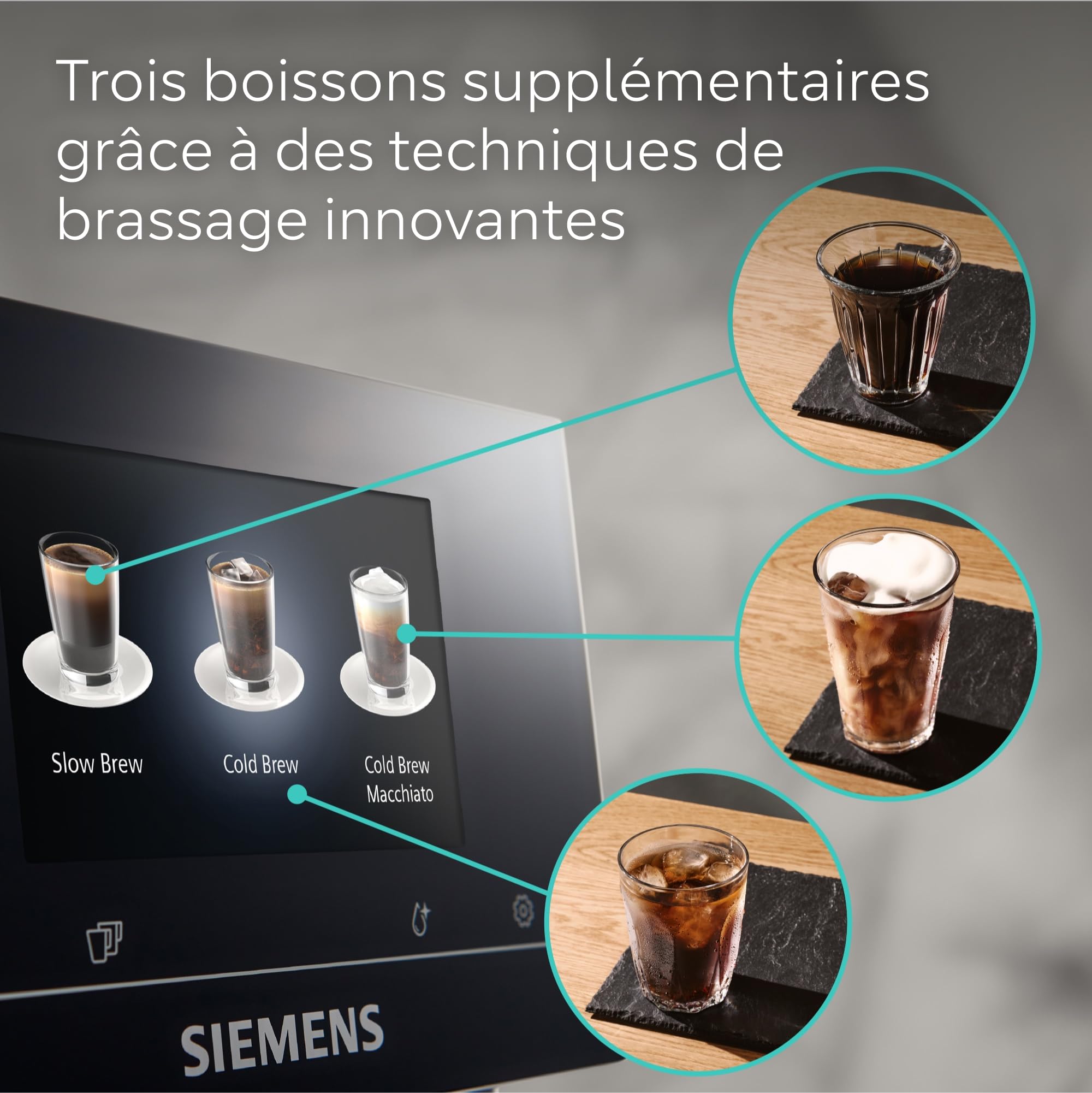 SIEMENS, machine à café à grain automatique, EQ700, écran iSelect, coffeeWorld, Cold Brew, Slow Brew, bac à lait, adaptateur briques de lait, Home Connect, acier inoxydable, blanc, TQ715R03 integral