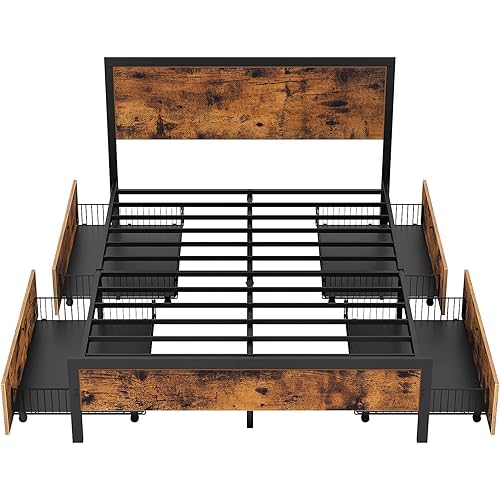 Rolanstar Bed Frame, Full Size Bed Frame with 4 Drawers, Particle Board Headboard & Metal Platform Bed with Large Storage Space, up to 700LB, No Box Spring Needed, Mattress Foundation, Noise Free