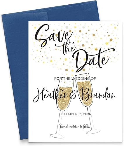 Modern Save the Dates with Envelopes, Champagne Toast, Gold and Black Save the Date Cards For Weddings, Birthday Party, Anniversary, Class Reunion,