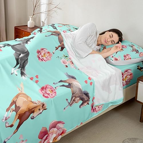 Miniatura 3 de Erosebridal Juego de sábanas de caballo al galope, tamaño matrimonial, juego de sábanas románticas de rosa azul femenino para niñas y mujeres,