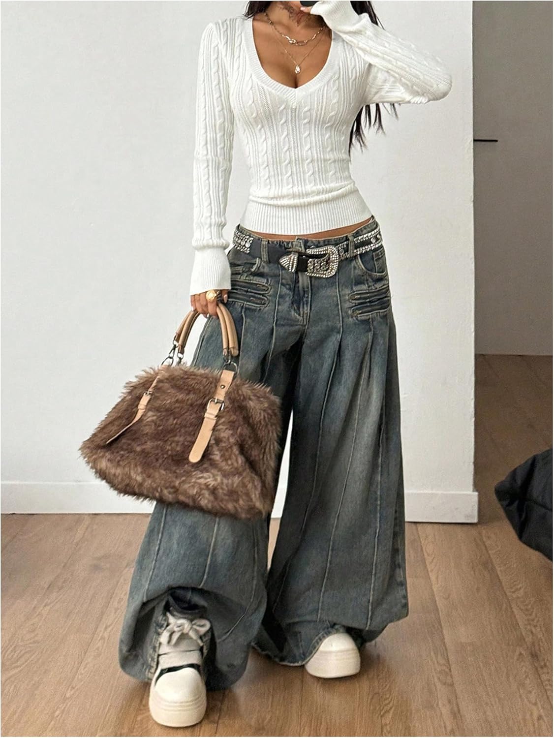 Milumia Women's V Neck Cable Knit Sweaters Long Sleeve Ribbed Fitted Going Out Crop Tops - Image 5