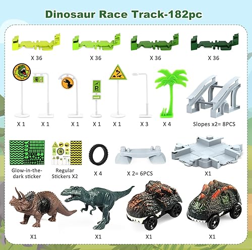Miniatura 6 de Juguetes de dinosaurio para niños de 3 a 5 años, juego de pista de tren flexible que brilla en la oscuridad, 2 autos de dinosaurio para niños y
