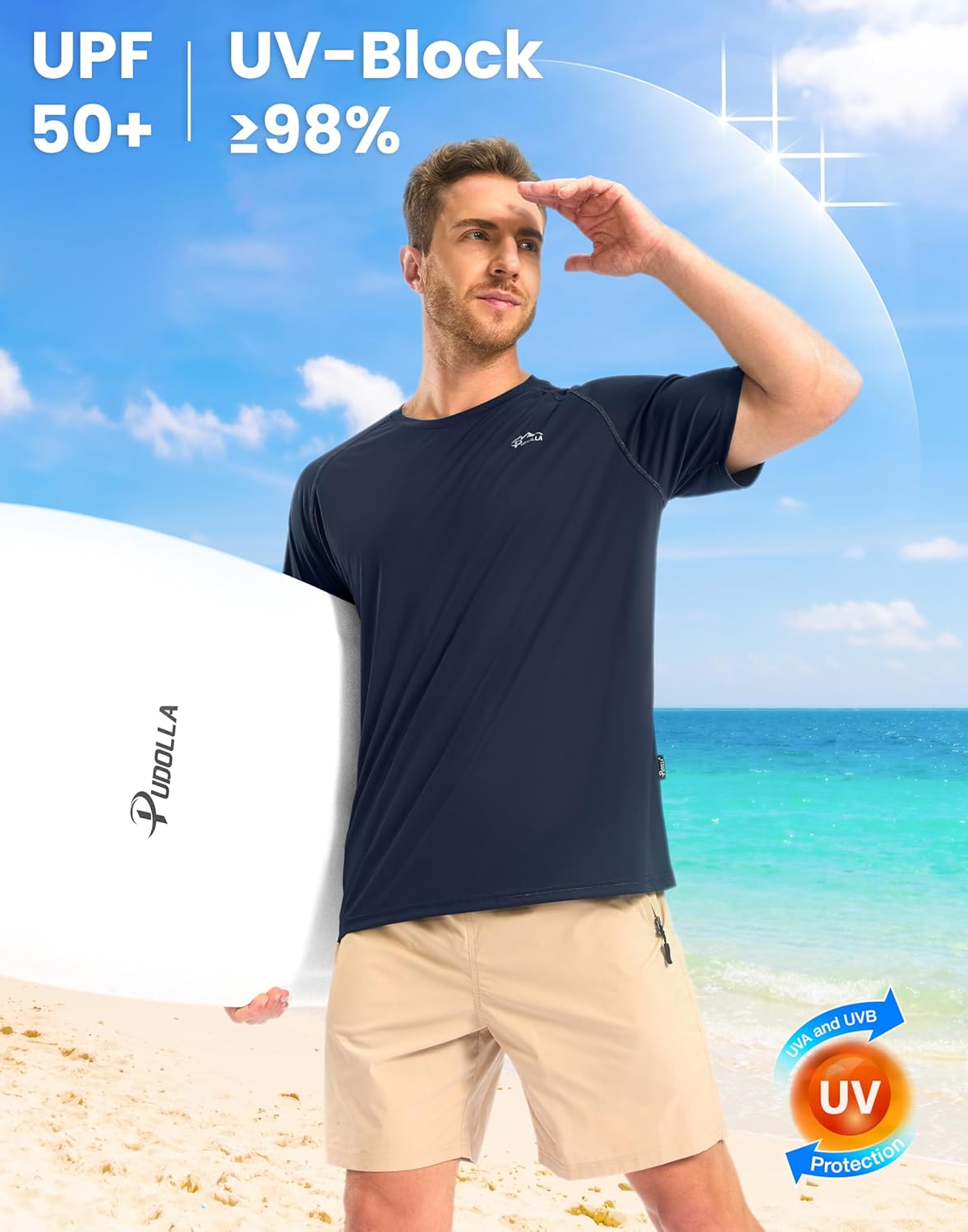 Pudolla Men's Rashguard Swim Shirts Short Sleeve UPF 50+ Sun Protection SPF Quick Dry Lightweight Water Fishing Beach Shirt - Image 4