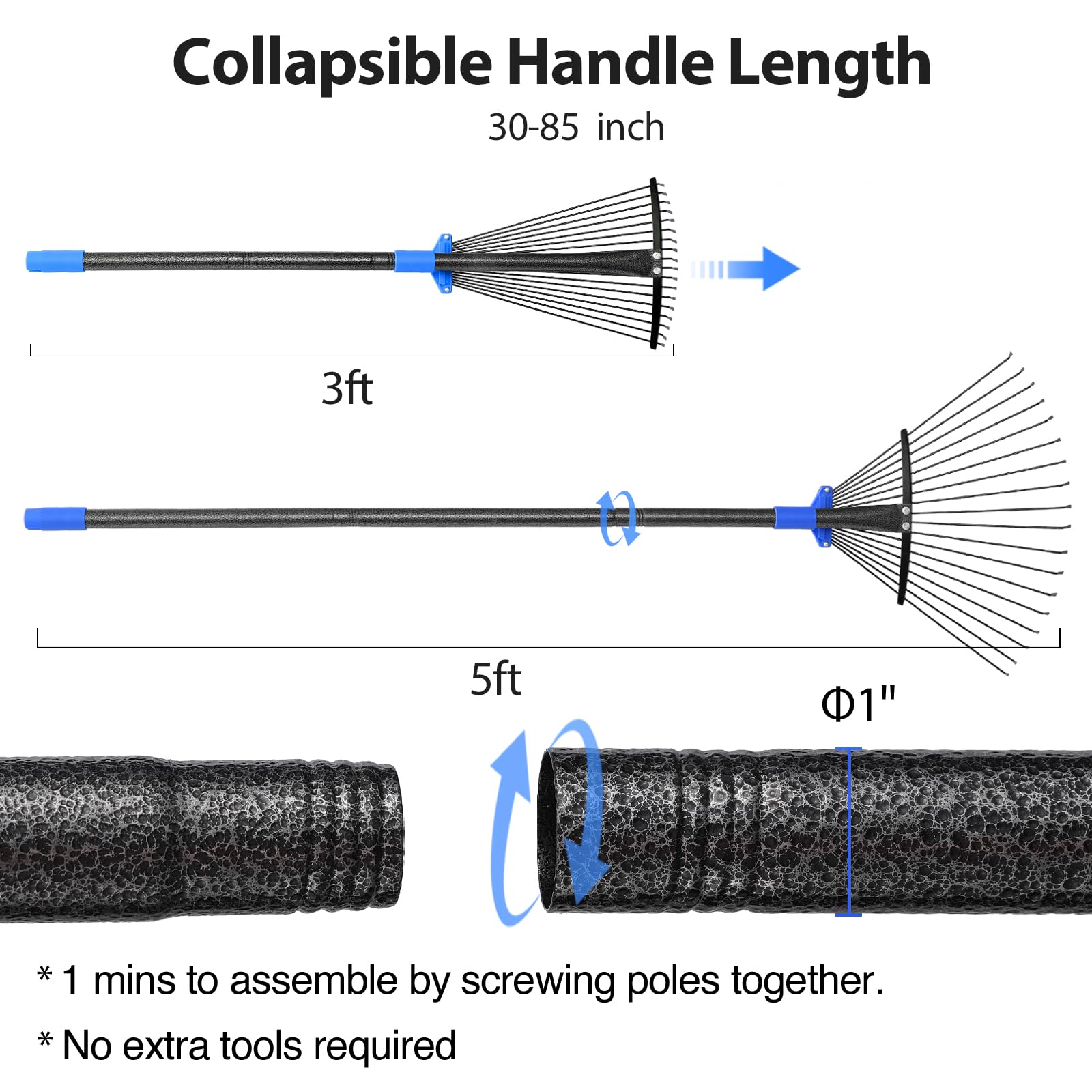 Rastrillo de hojas ajustable para hojas, rastrillo de jardín de metal de 5 pies con cabeza expandible de 7 a 16 pulgadas, rastrillos pequeños para césped, jardinería, camping, resistente