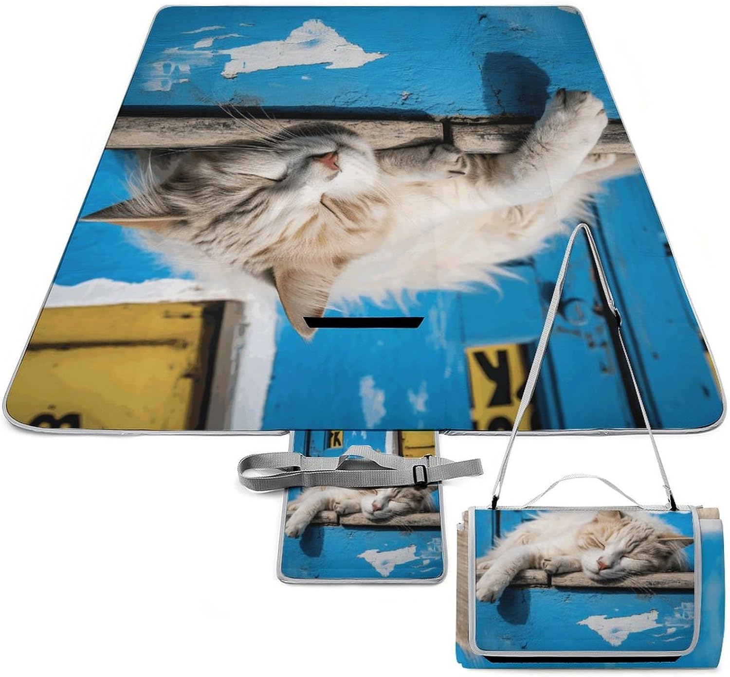 Sleeping Little Cat Outdoor Mat Foldable ，Beach Blanket Waterproof Surface，Easy to Clean Travel Blanket， for Spring and Summer Grassland Camping