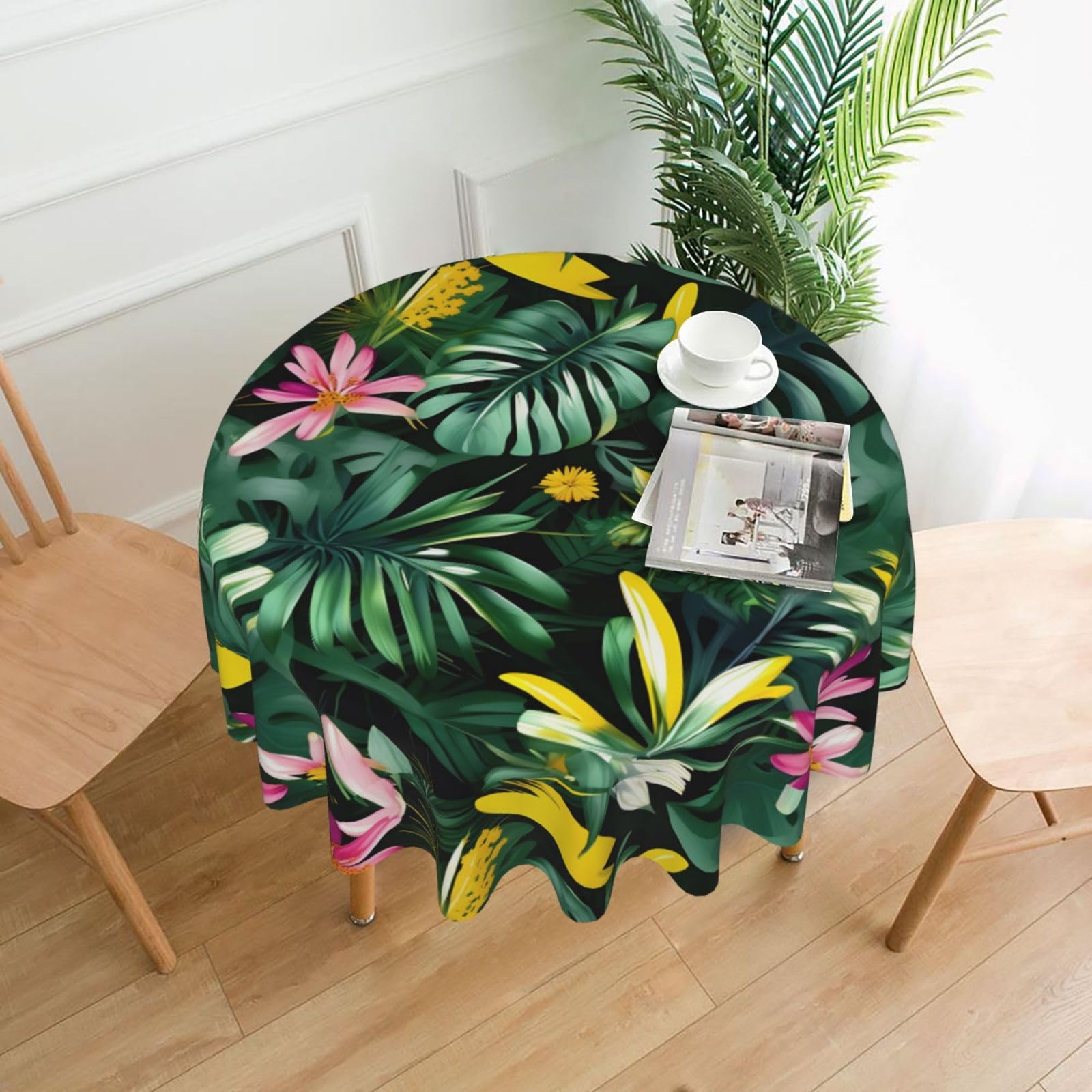 Nbtghga Tropical Leaves With Flowers Print Tablecloth Round Border Table Cloth Cover Decorative For Party Holiday Dinning Tabletop Home