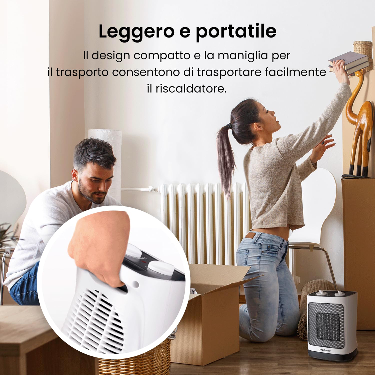 Pro Breeze Termoventilatore Ceramico 2000W - Tecnologia Ceramica a Basso Consumo Energetico - Oscillazione Automatica e 2 Impostazioni di Temperatura. Per camere o bagno – Bianco