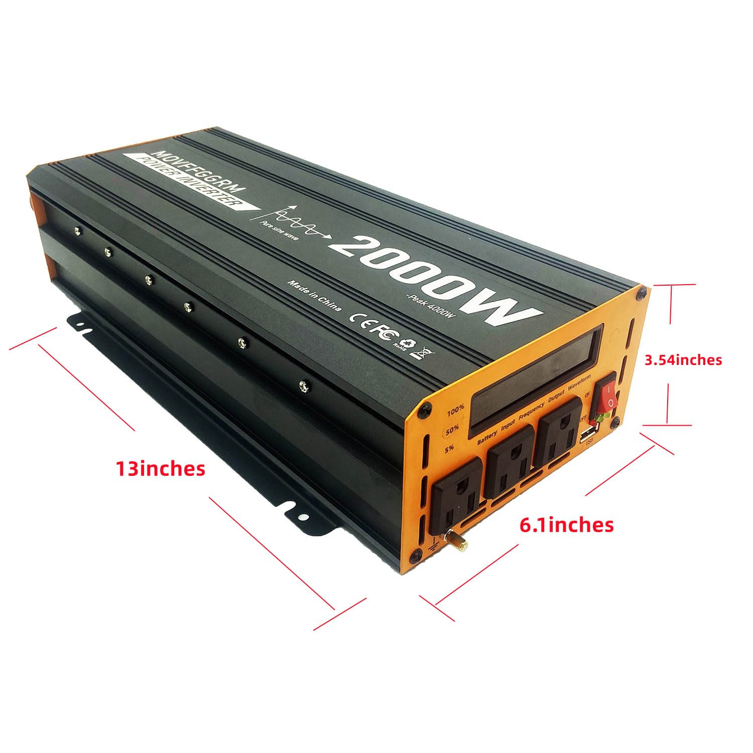 Falownik mocy 2000 W Pure Sine Wave Power Inverter Peak-4000 W, DC 12 V do 110 V, z 3 x AC, portem USB, cyfrowym wyświetlaczem LCD